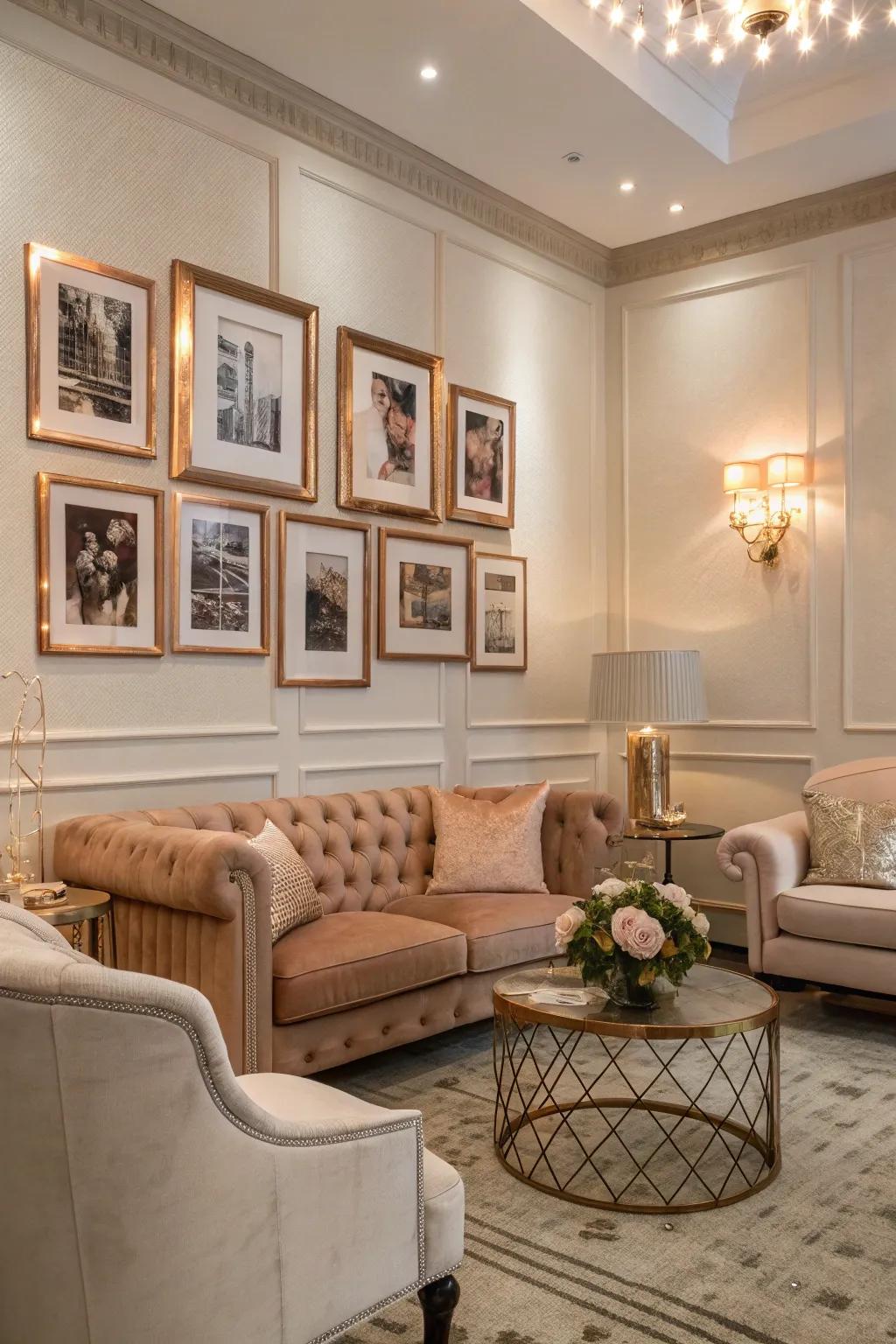 Rose gold image borders contribute a cohesive accent to the walls.