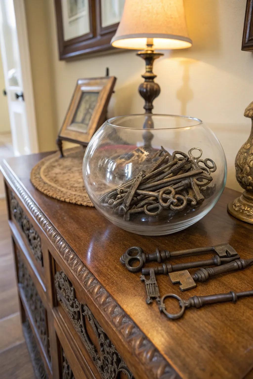 An anthology of time-honored fasteners housed within a glass bowl adds a nostalgic appeal.