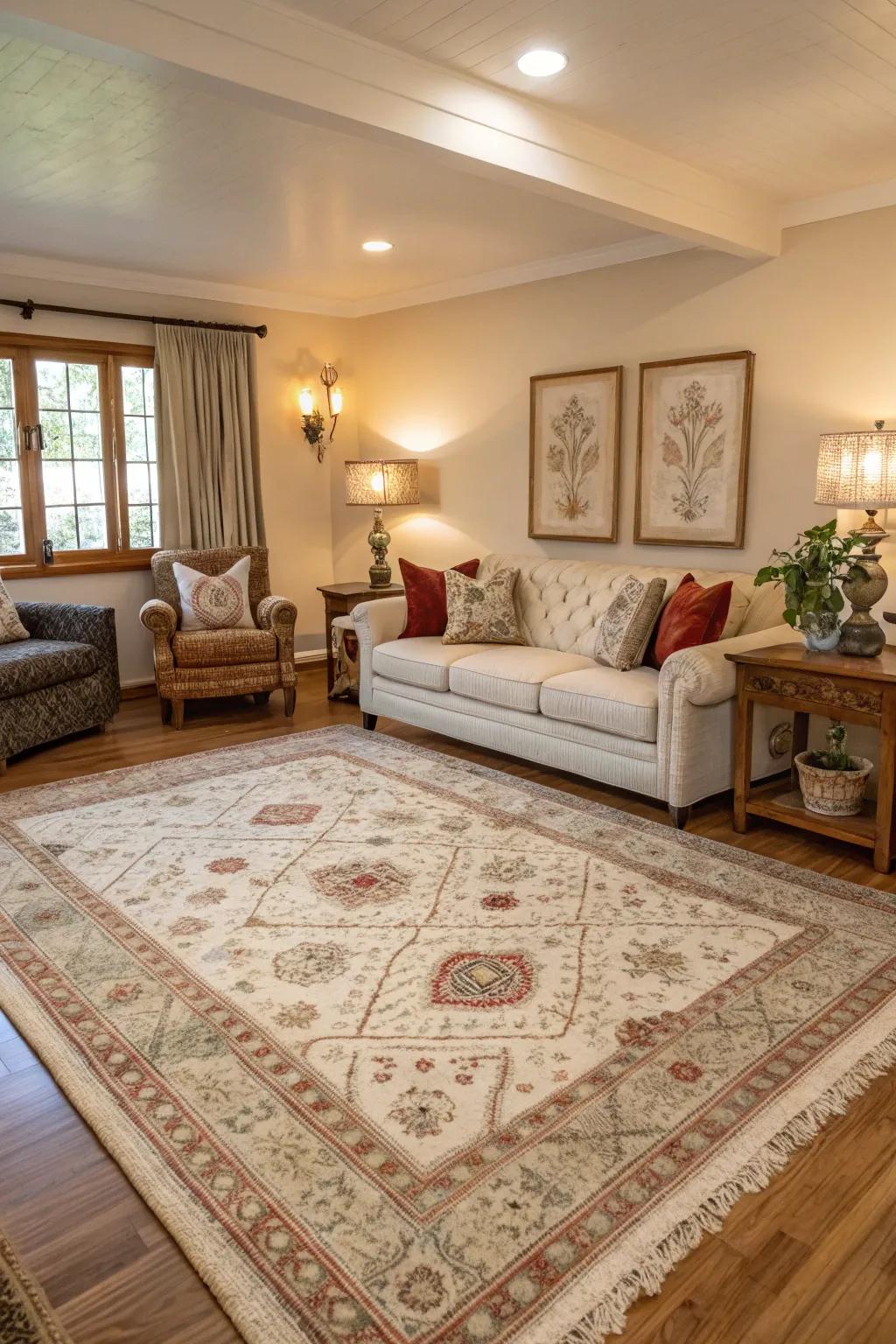 Balanced rug sizes create a harmonious room layout.