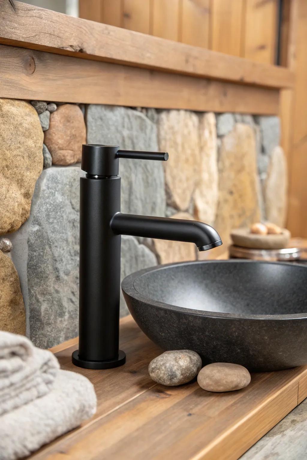 Matte black spigots offer a contemporary rustic vibe.