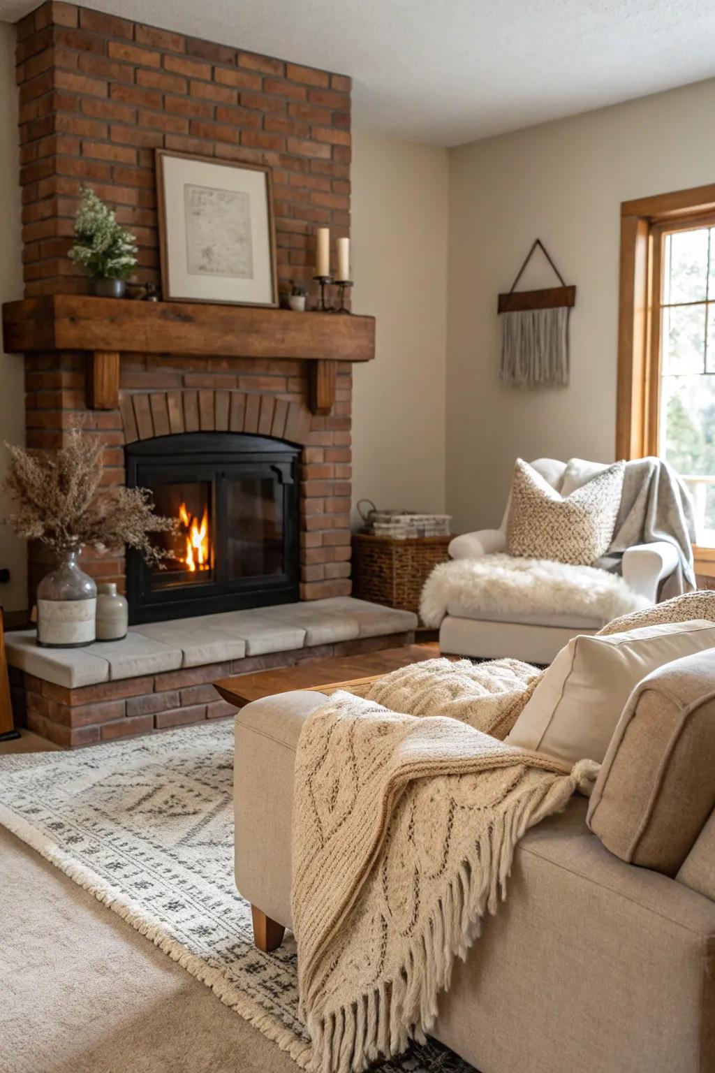 A cozy, welcoming backdrop for your fireplace is created by subtle shades.