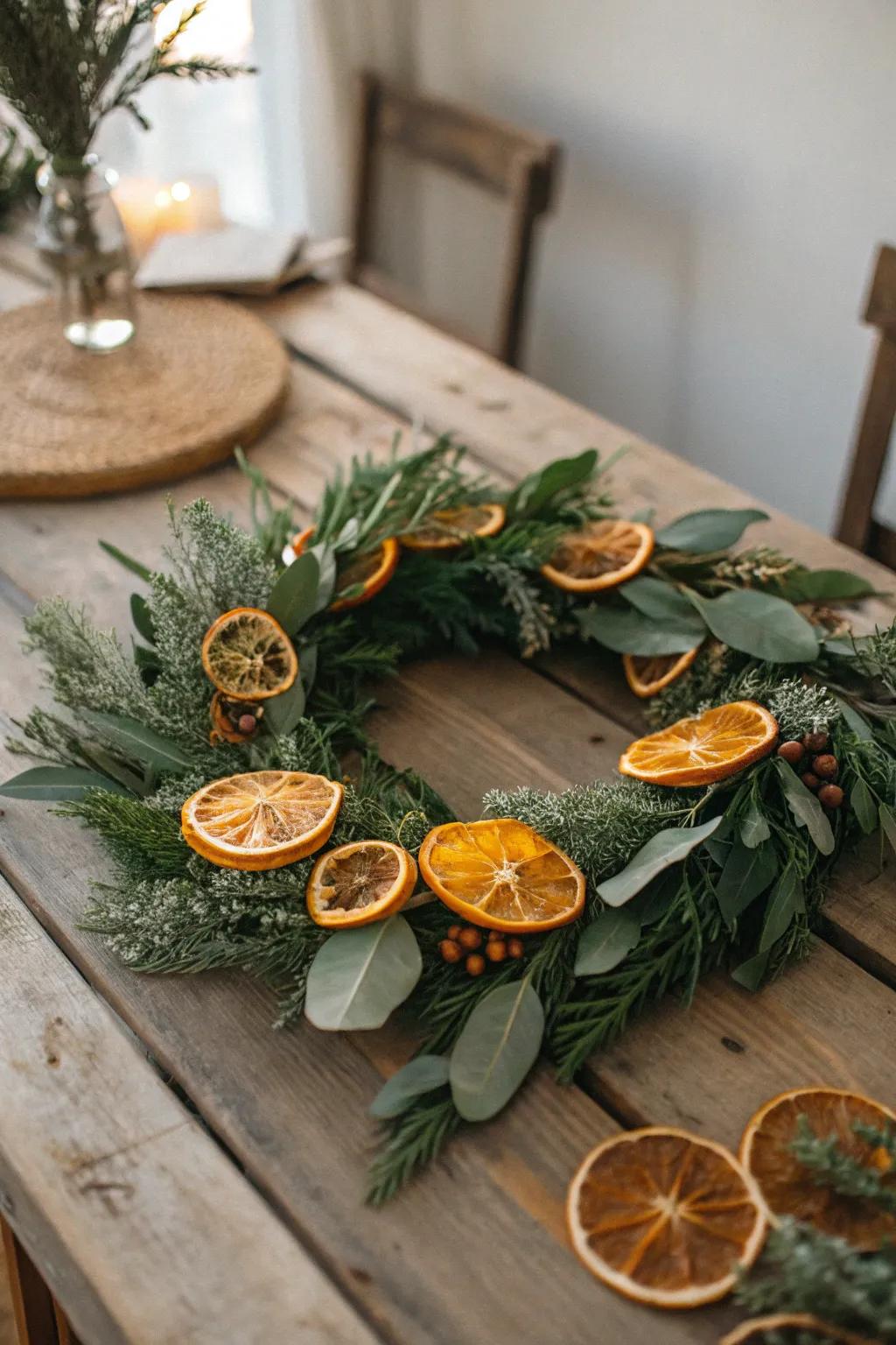 Desiccated oranges bestow pigment and scent upon this rustic wreath.