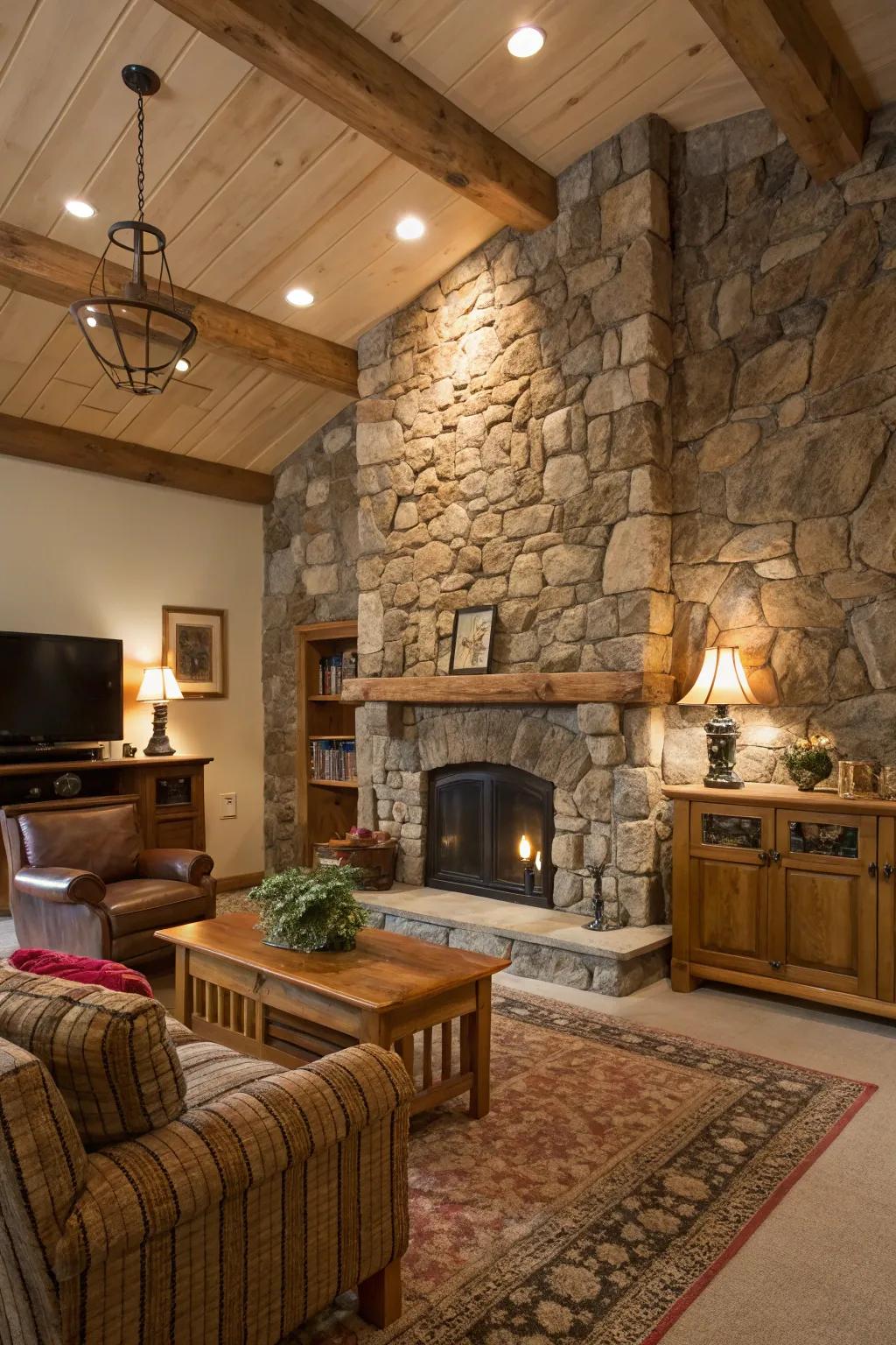 A statement rock wall adds a dramatic focal point to the room.