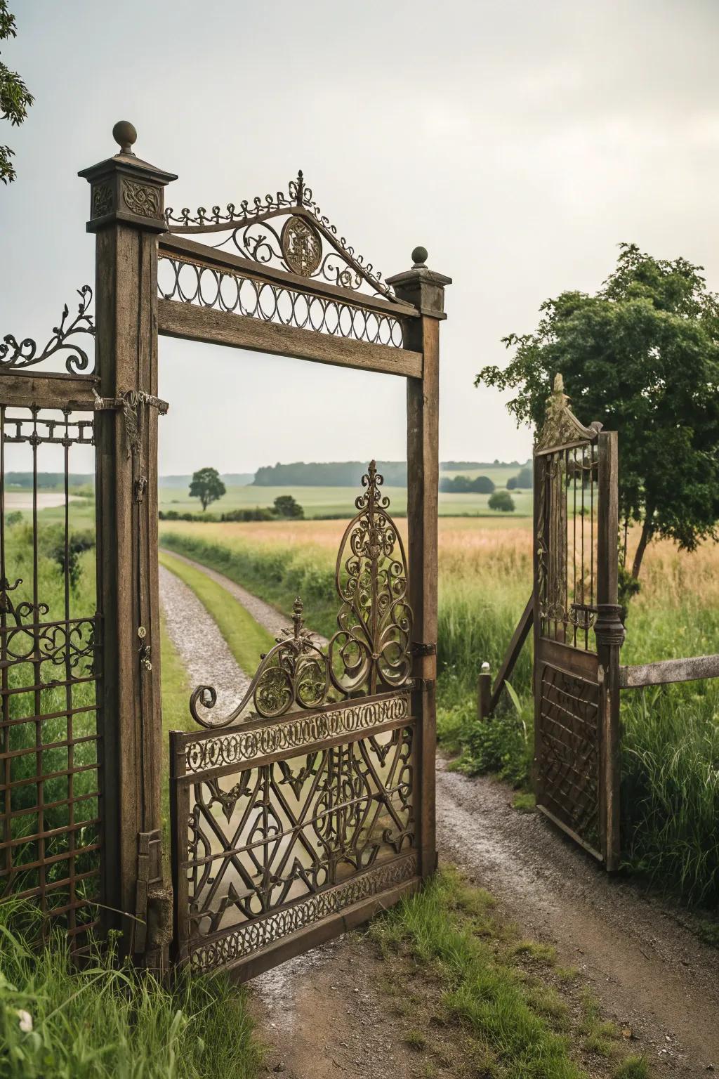A farm gate featuring delightful latticework detailing.