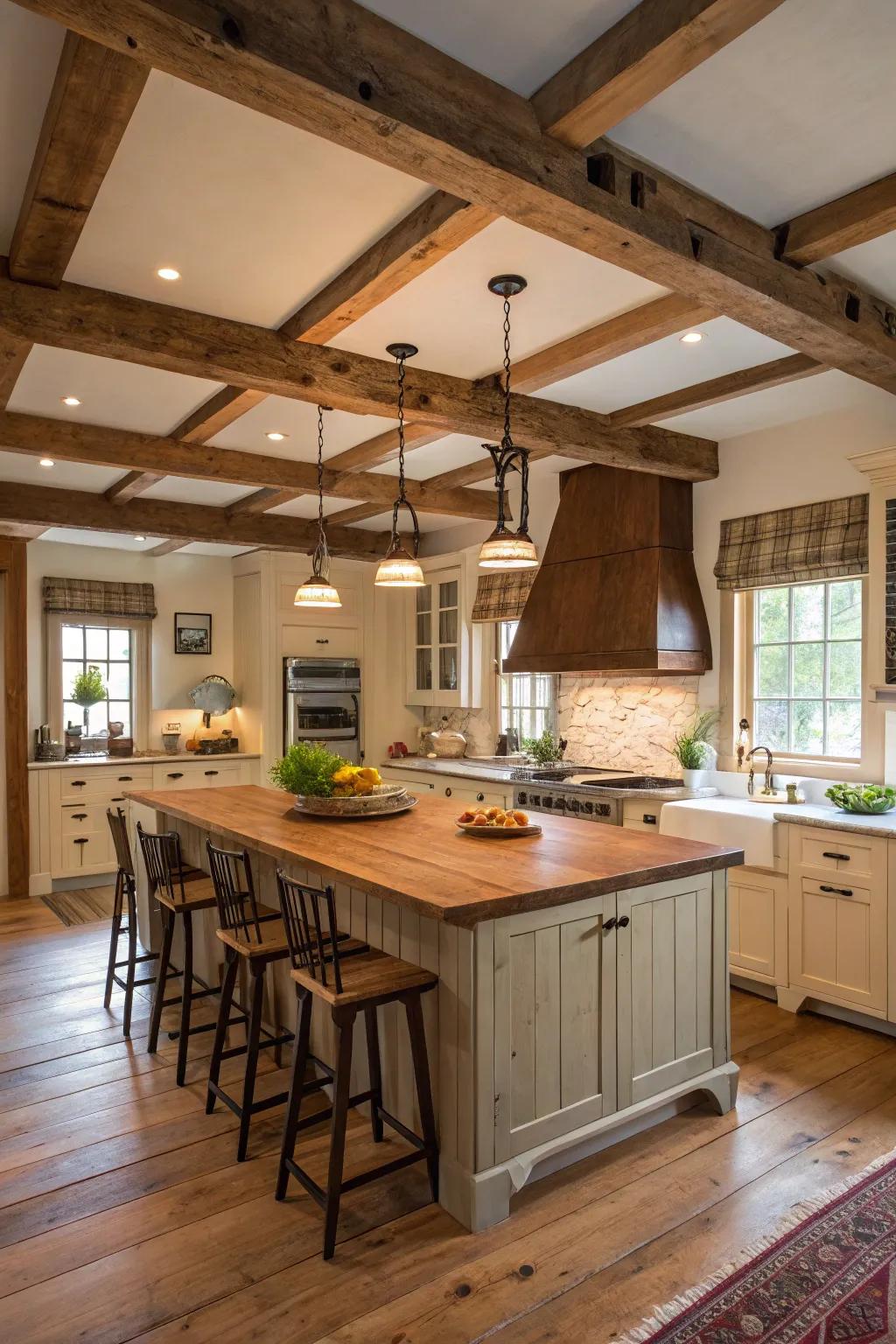 A farmhouse kitchen that features an island and exposed structural ceiling elements.