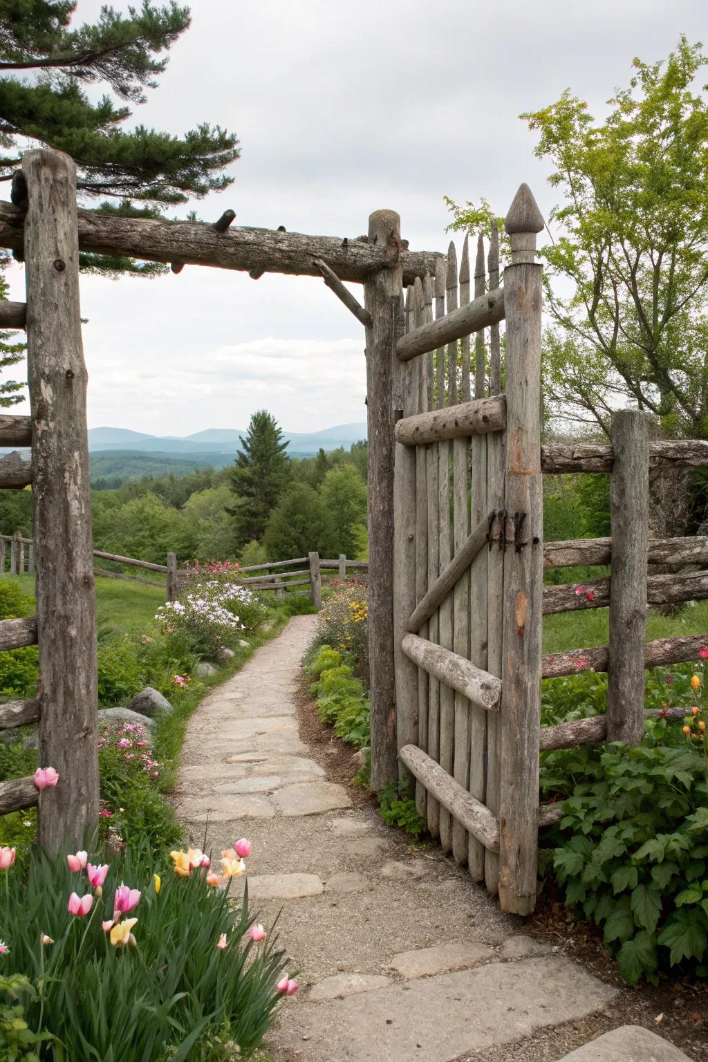 A rustic timber gateway serves as an inviting entryway to a garden path.