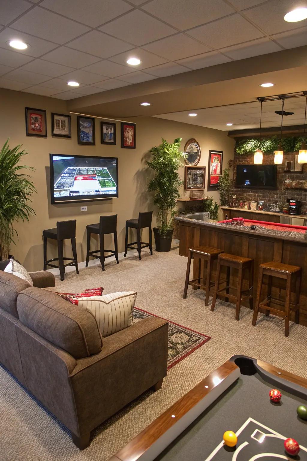 An accessible layout fashions a spacious and functional man cave.