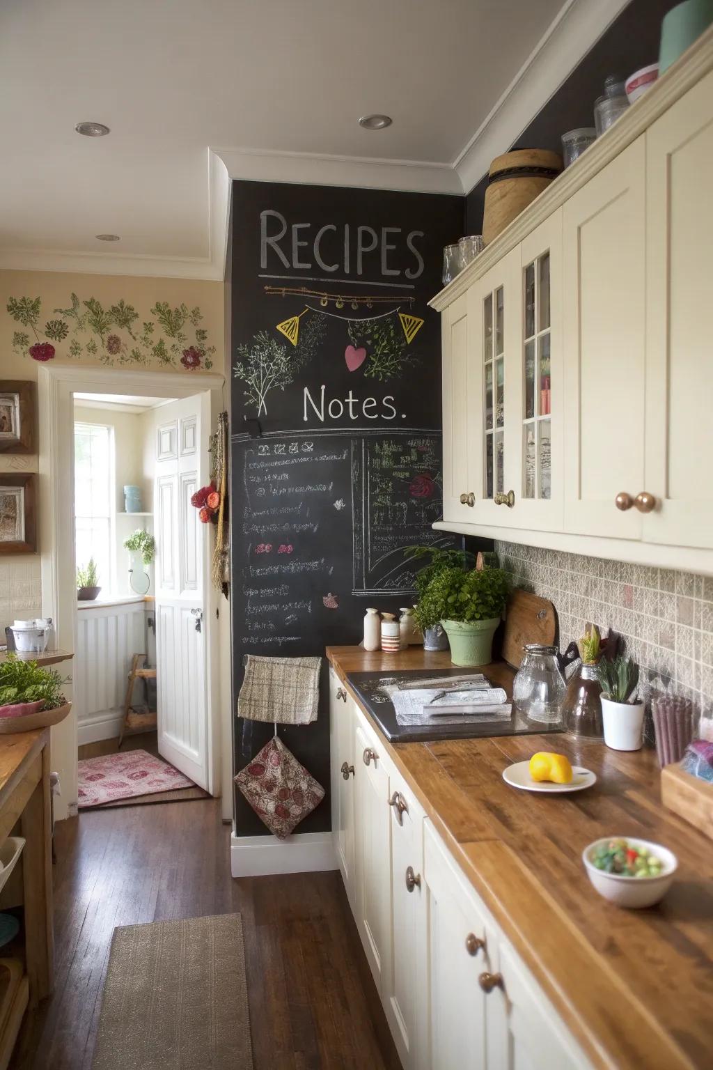 A chalkboard wall introduces function and creativity to the kitchen.