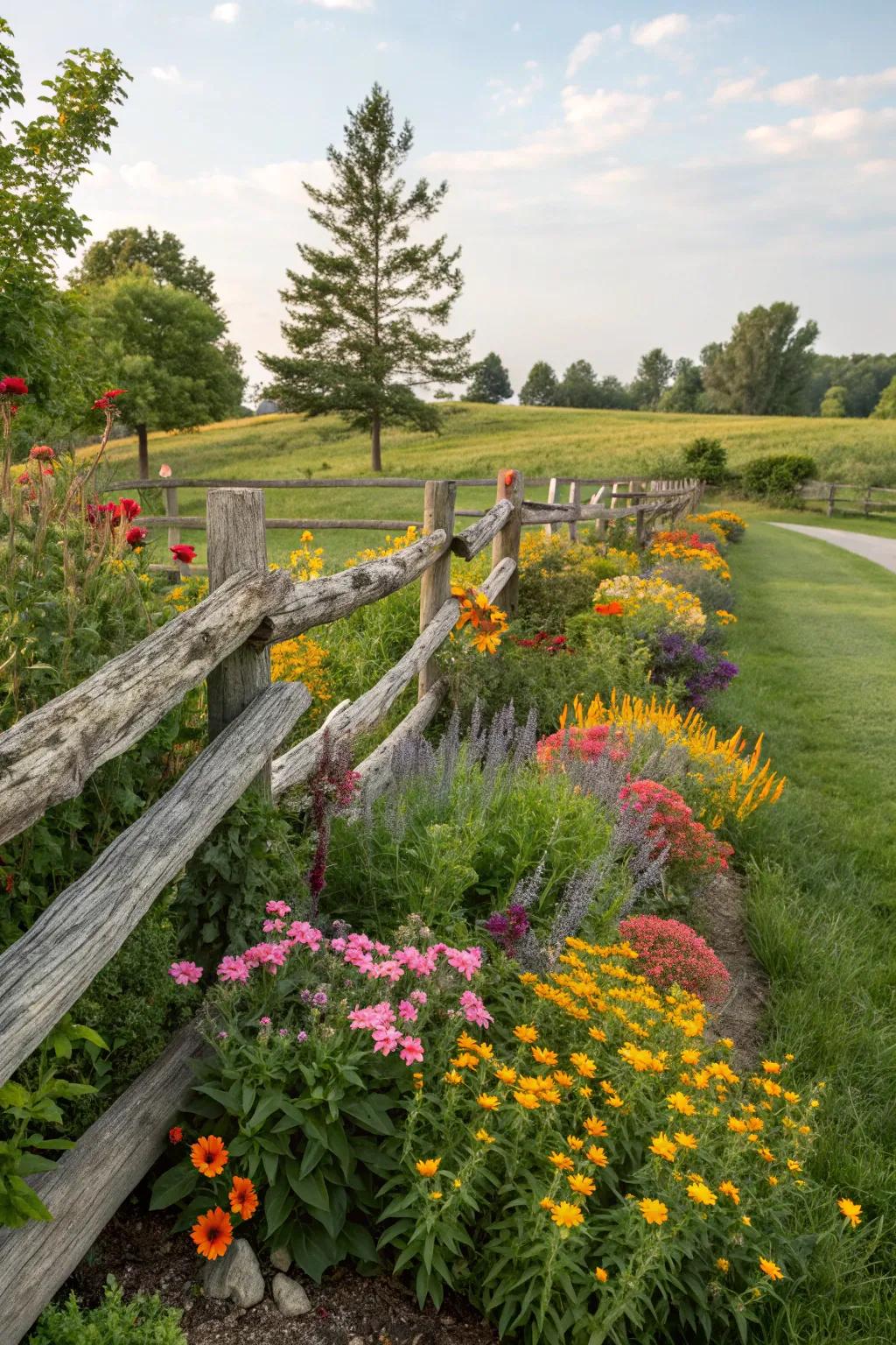 Seasonal plantings create a dynamic display against a rail fence.