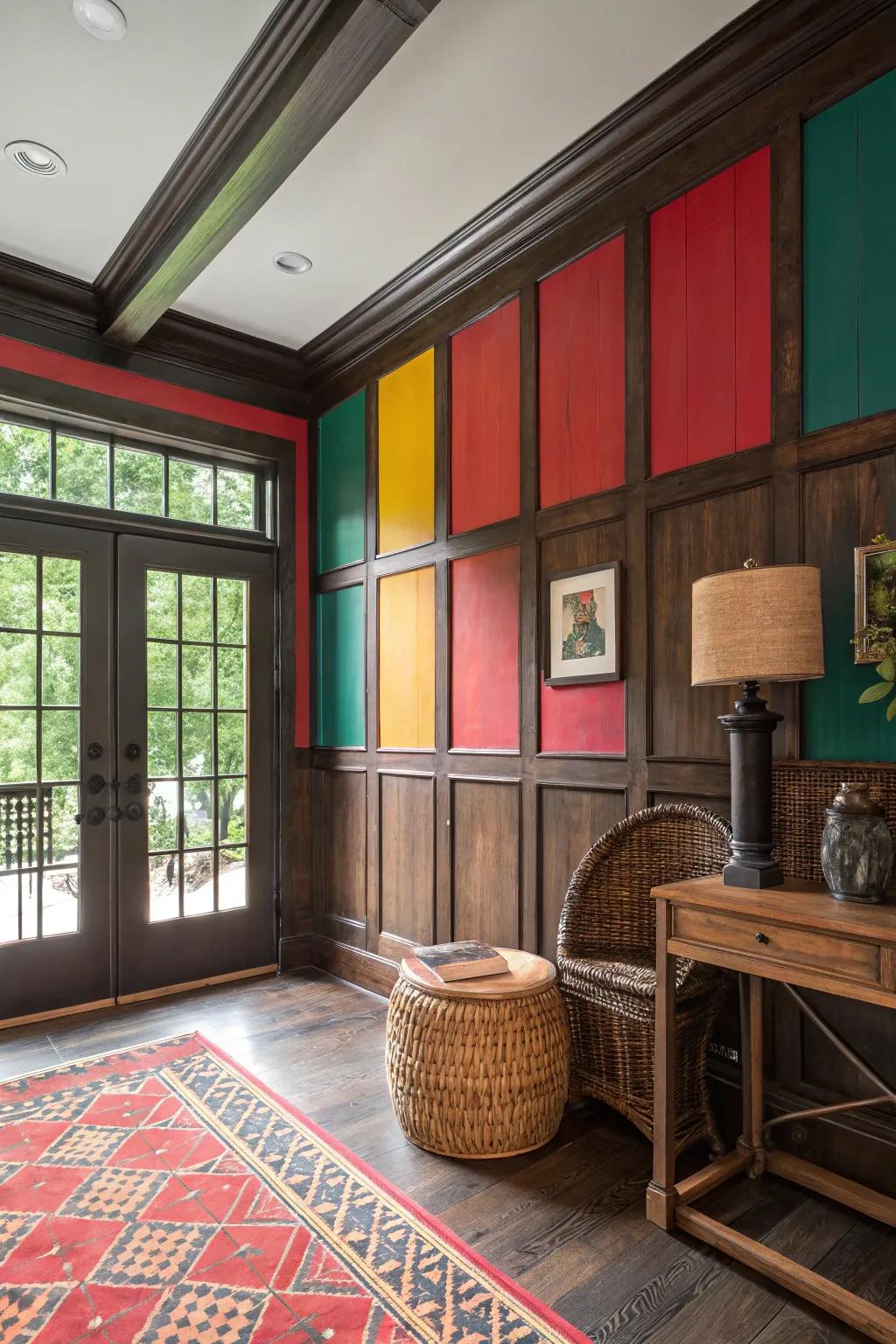 Strong colors in country wainscoting for a vibrant outcome.