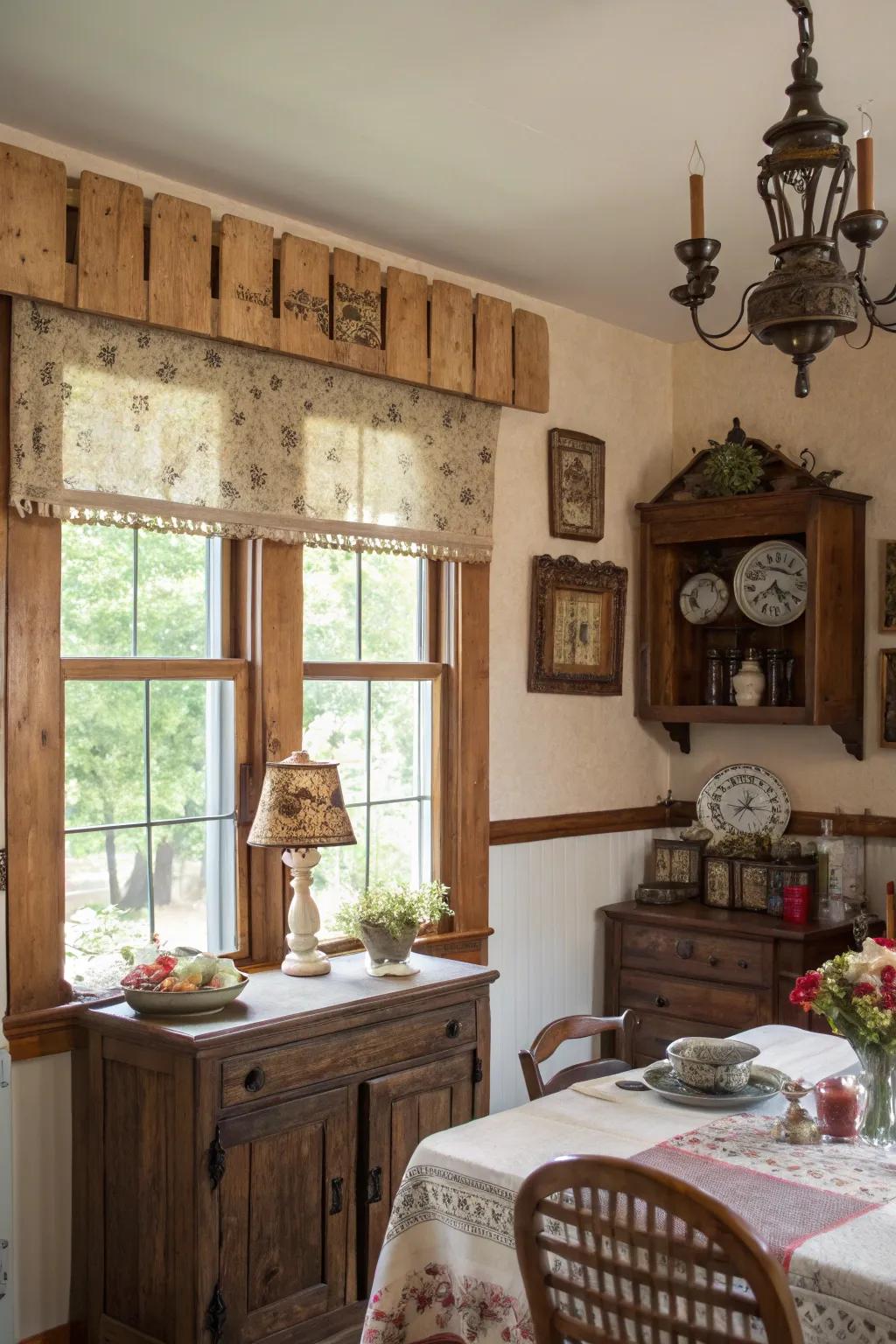 A country dining room featuring a valance crafted from pallet wood, showcasing a creative reusing project.