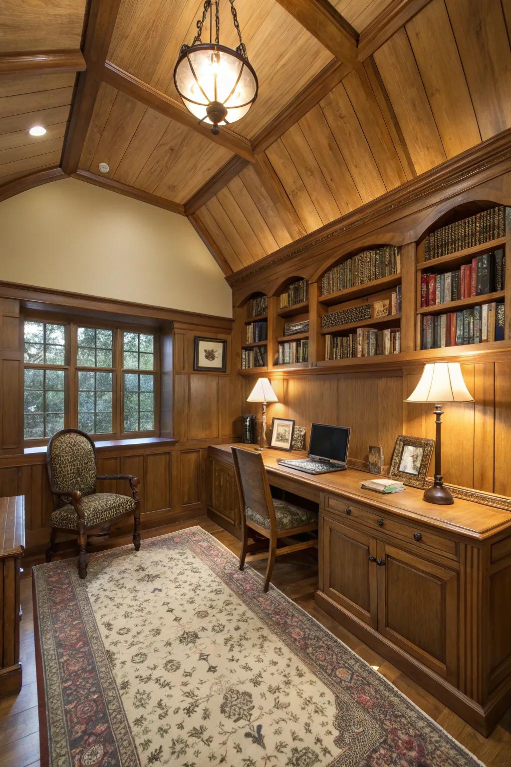 Overhead paneling fashions a snug and intimate atmosphere.