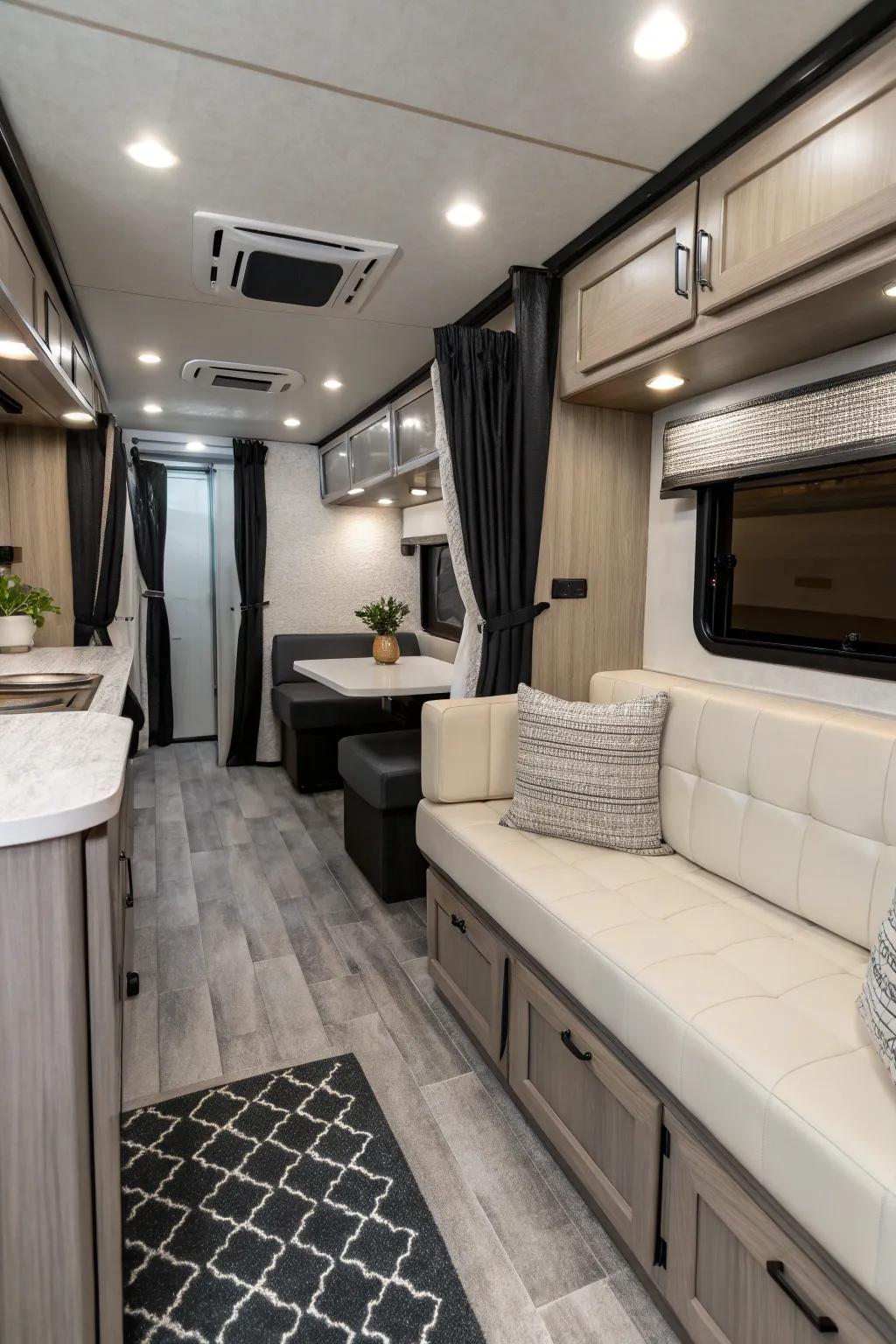 The monochromatic palette engenders a streamlined and unified aesthetic within this recreational vehicle.