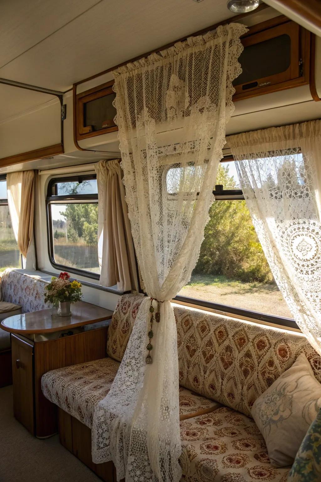 Classic charm with lace curtains in your RV.