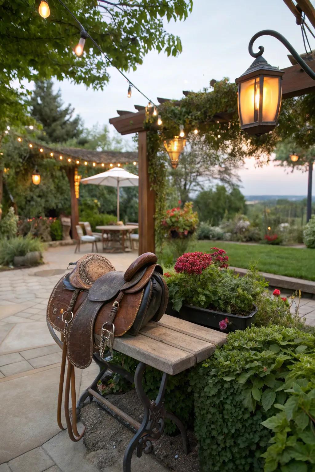 Equine seat benches supply country-style seating within this charming garden patio.