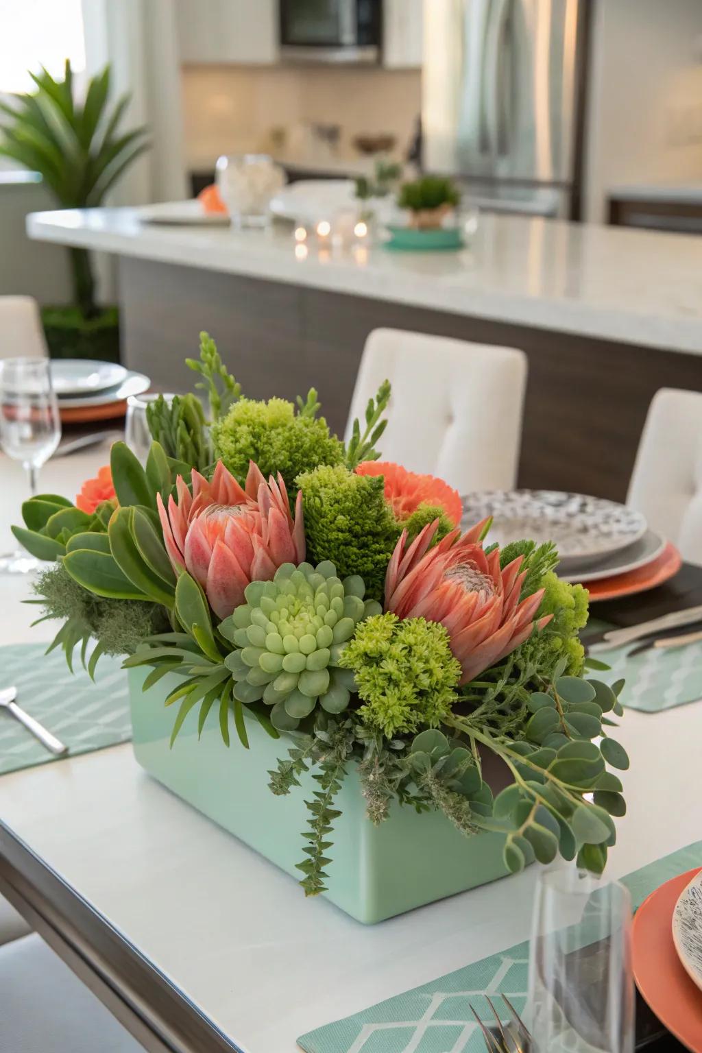 A vibrant and cheerful centerpiece featuring sage green and peach.