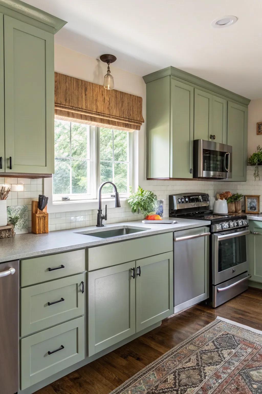 Modern implements blend exquisitely with sage green fixtures.