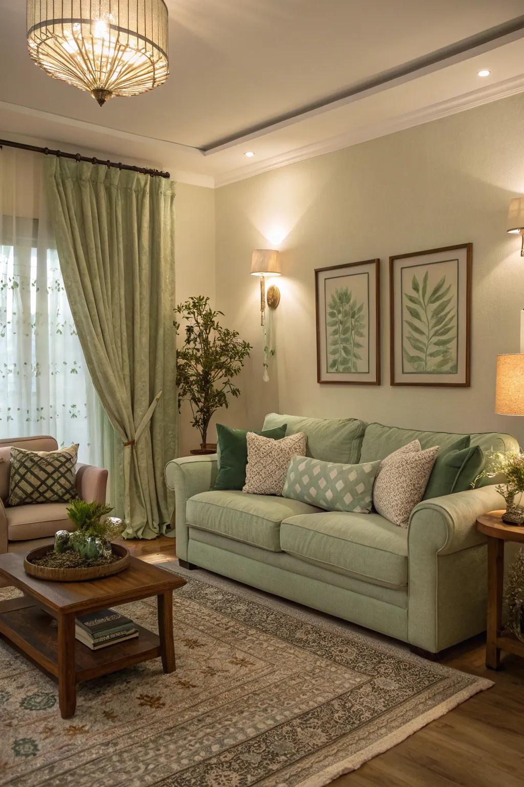 Surrounding illumination conjures a warm, inviting glow in a sage green room.