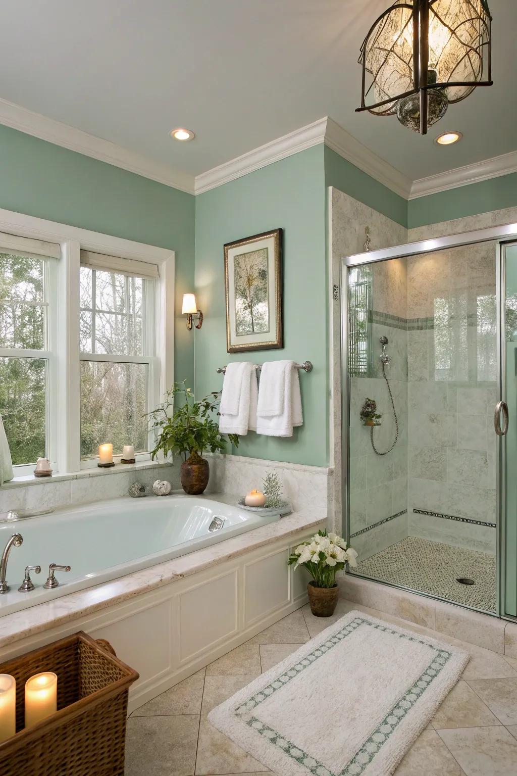 A spa-like bathroom retreat with refreshing seafoam green walls.