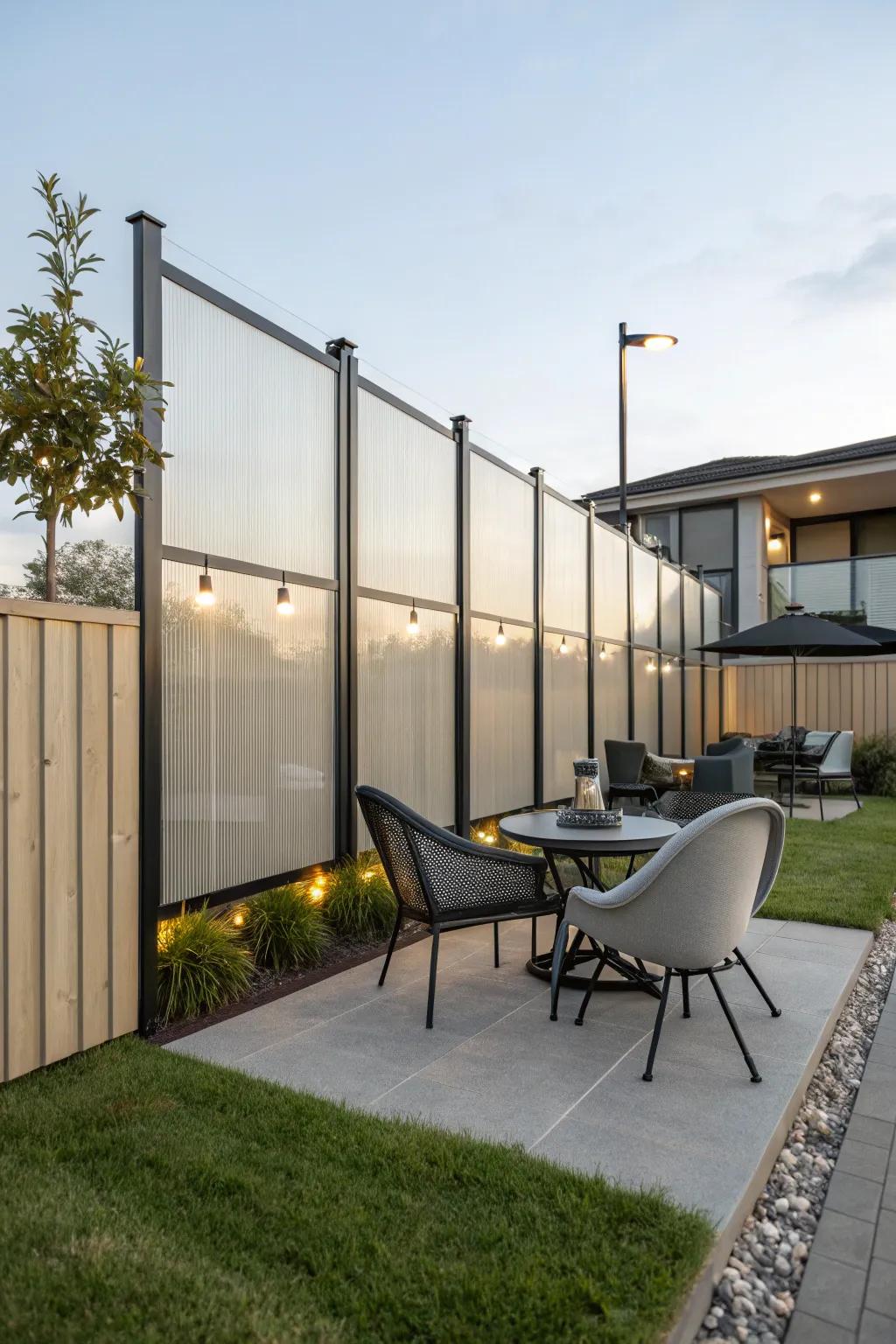 Clear resin boards contribute a sleek, contemporary element to this stylish outdoor space.