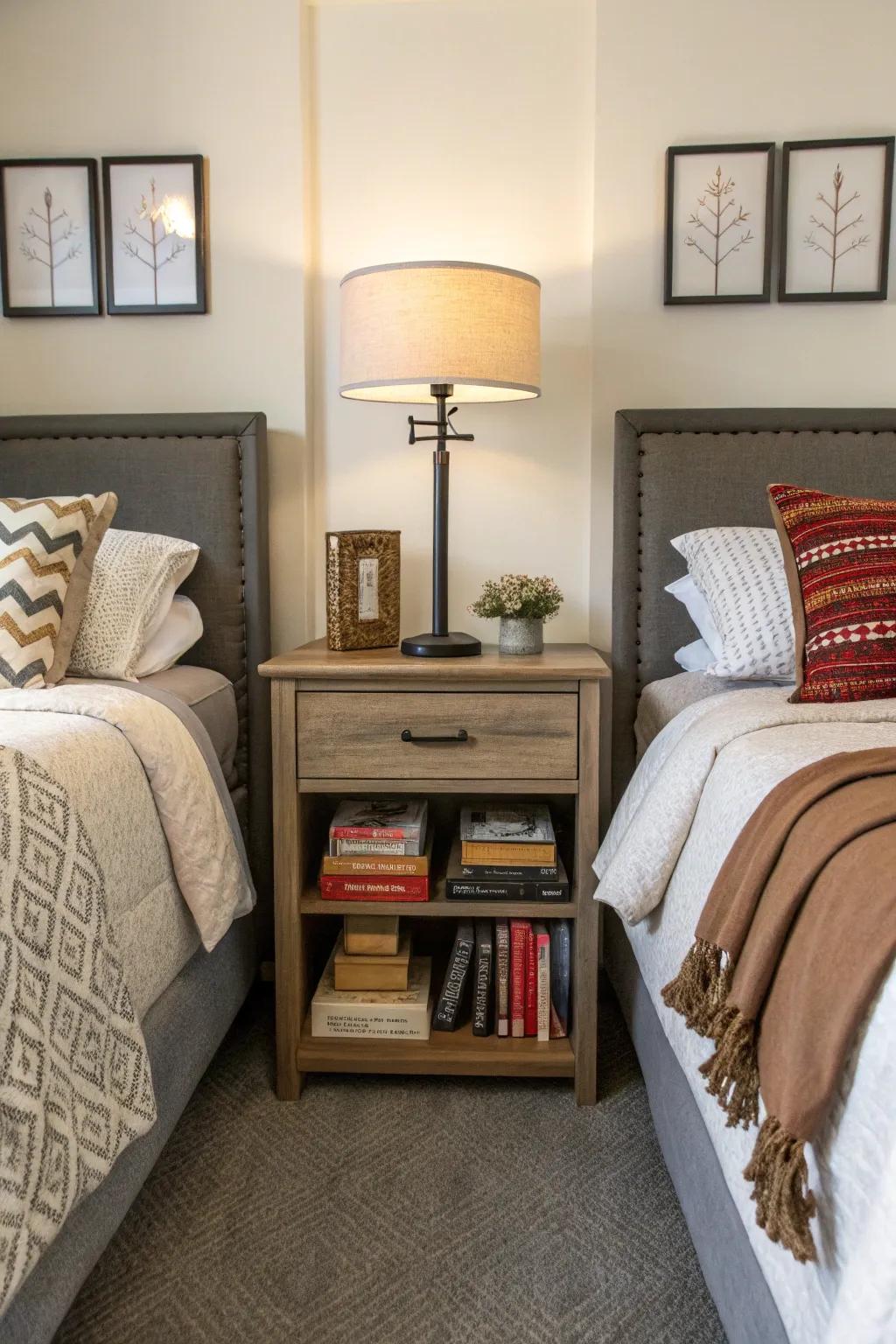 A shared bedside table subtly divides and unites the room.