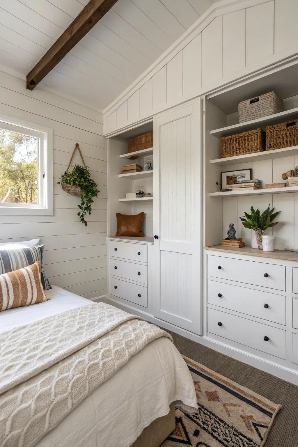 Integrated storage helps maintain a tidy, organized shed.