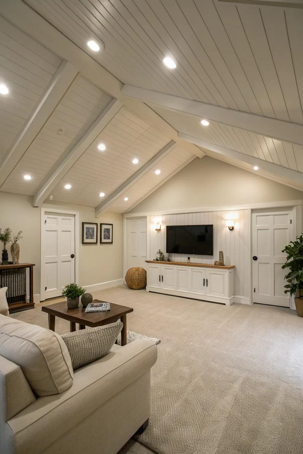 Minimalist sophistication achieved through subdued lighting in a shed ceiling.