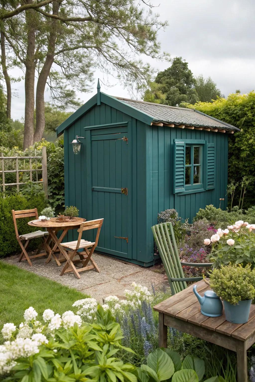 Deep teal sheds radiate refined elegance and a hint of luxury.