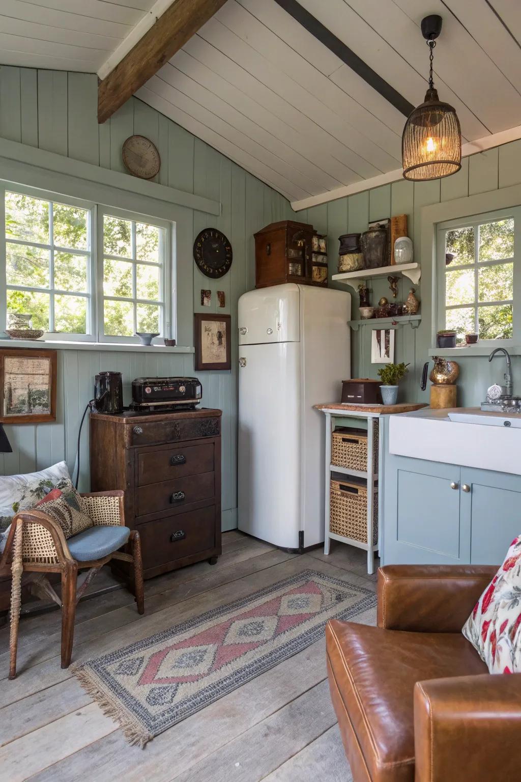 A shed dwelling interior intermingling modern and antiquated décor styles.