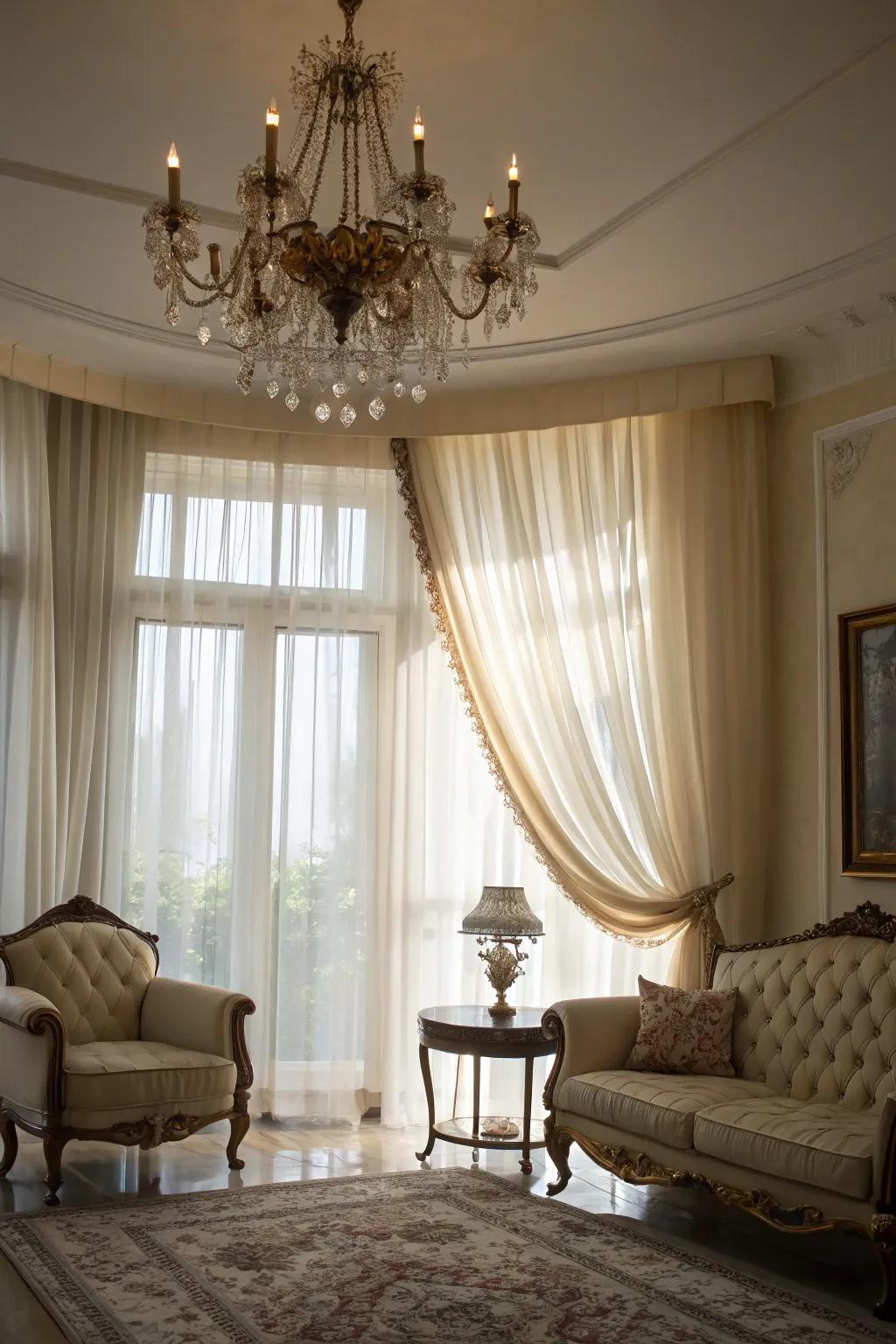 An amalgamation of informal sheers and stately design details composes a balanced, sophisticated form.