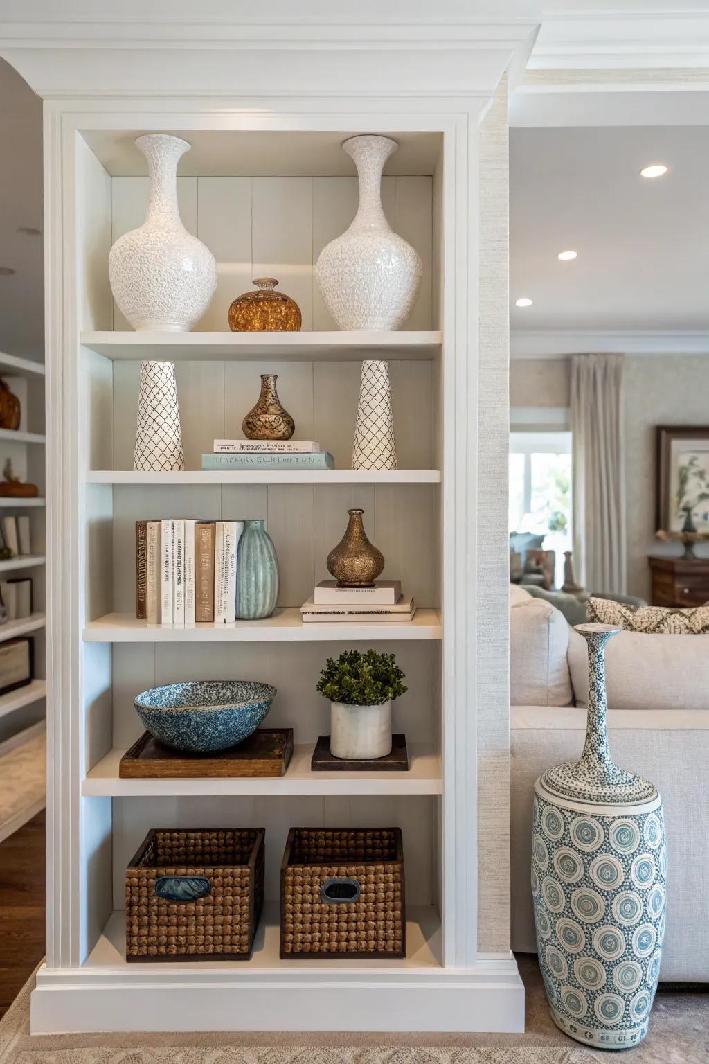 Symmetry cultivates equilibrium and harmony to shelf showcases.
