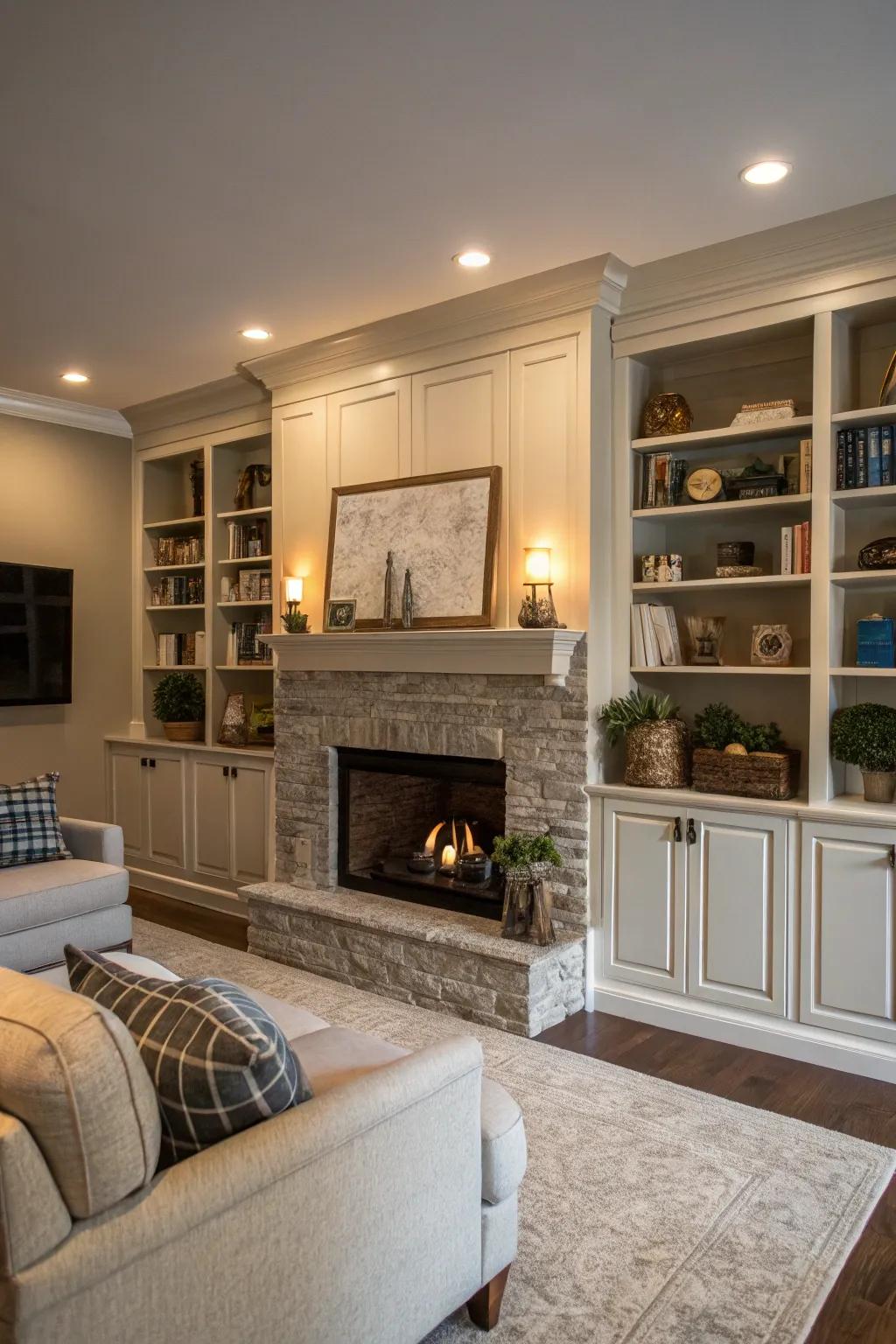 Closed cabinets offer hidden storage in the shelving unit.