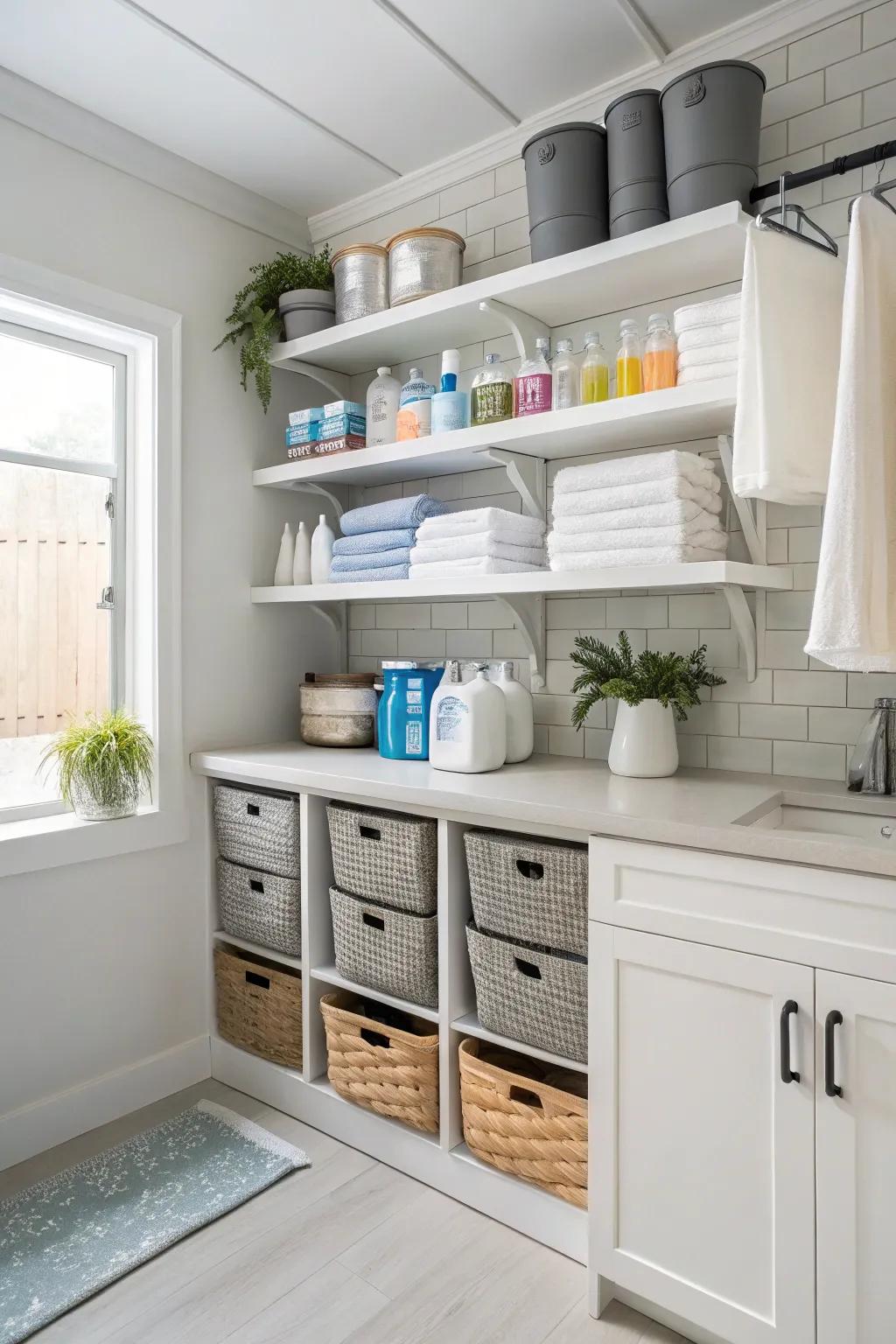 Modern floating shelves provide a stylish and functional storage solution.