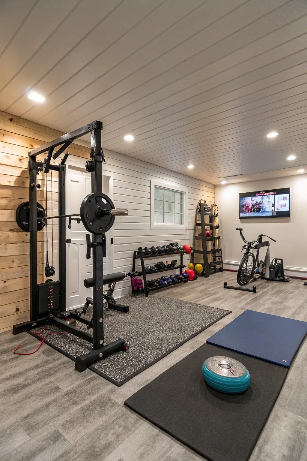 A stylish home gym in the basement enhanced with board and batten walls.