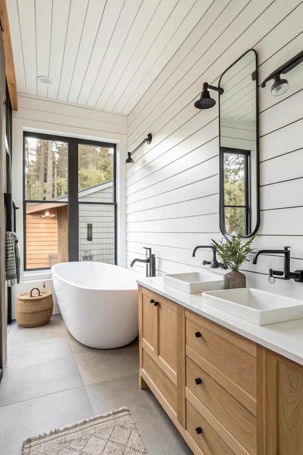 A bathroom with paneling and modern fixtures for a stylish mix.