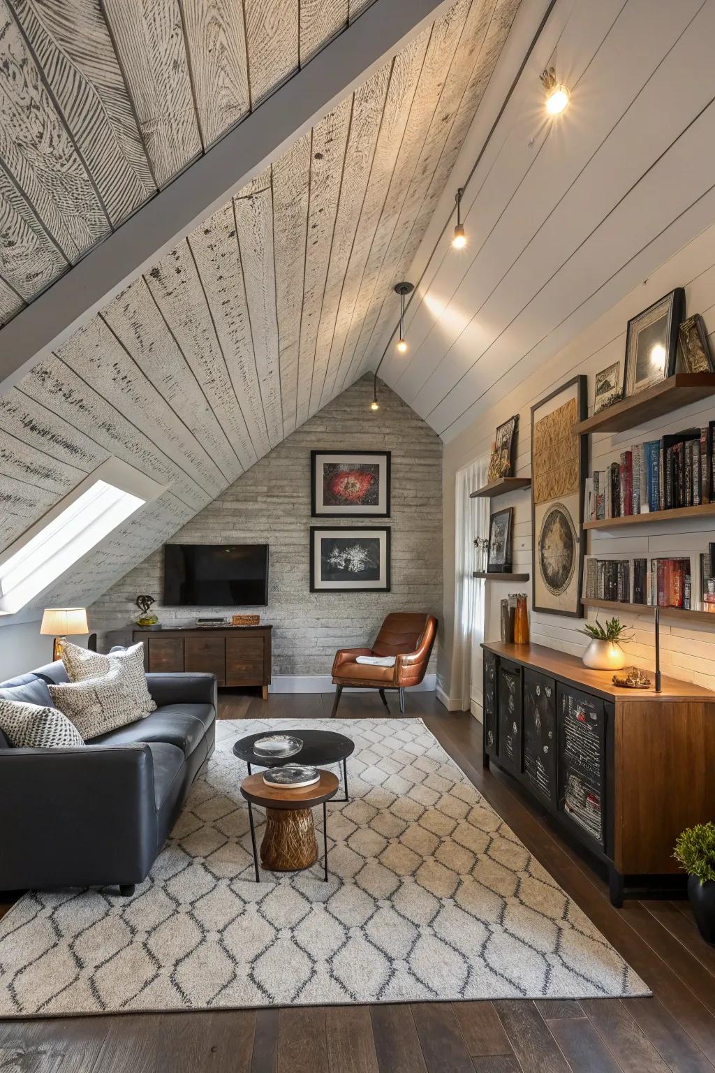 A dynamic ceiling with layered plank styles.