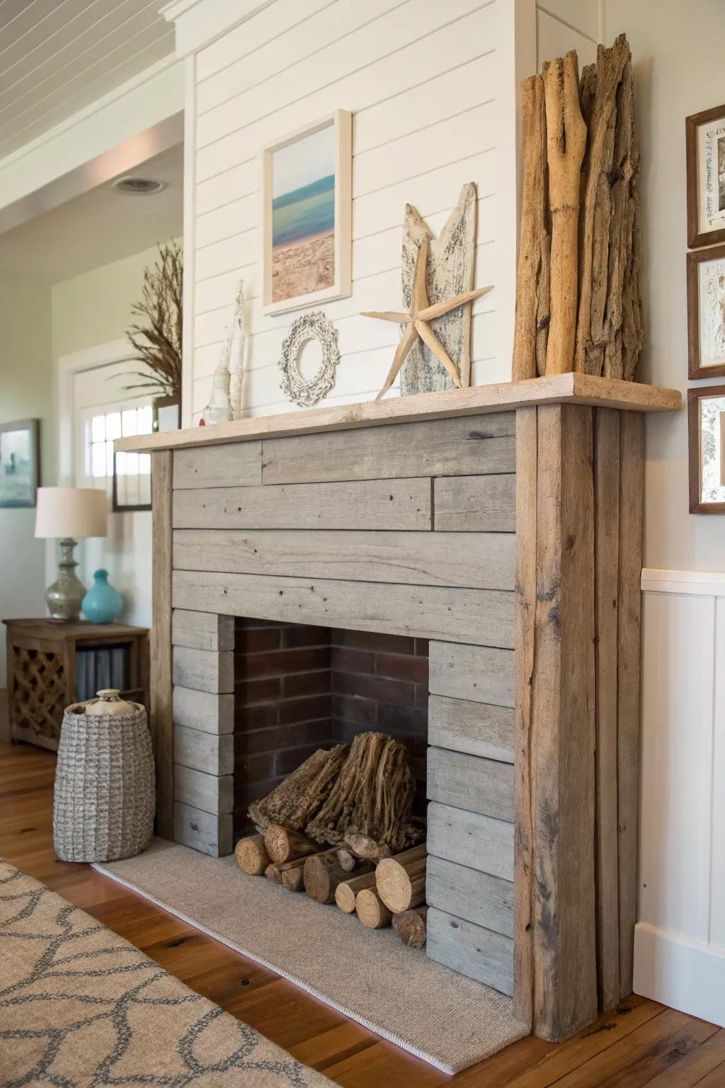 Seaside-themed shiplap fireplace delivering a serene beach-inspired escape.