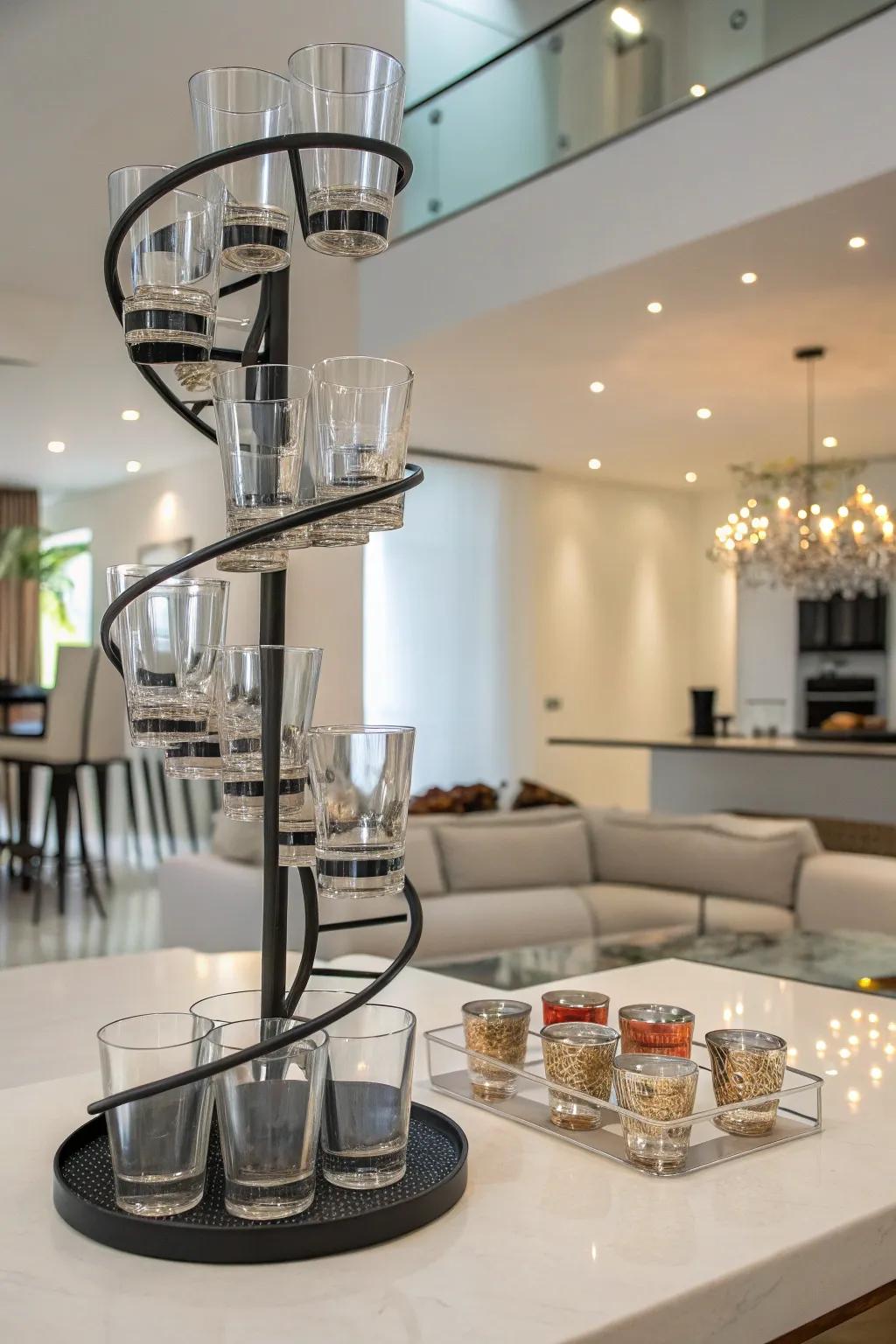 A contemporary abode showcasing a spiral commemorative glass presentation affording vistas from manifold orientations.