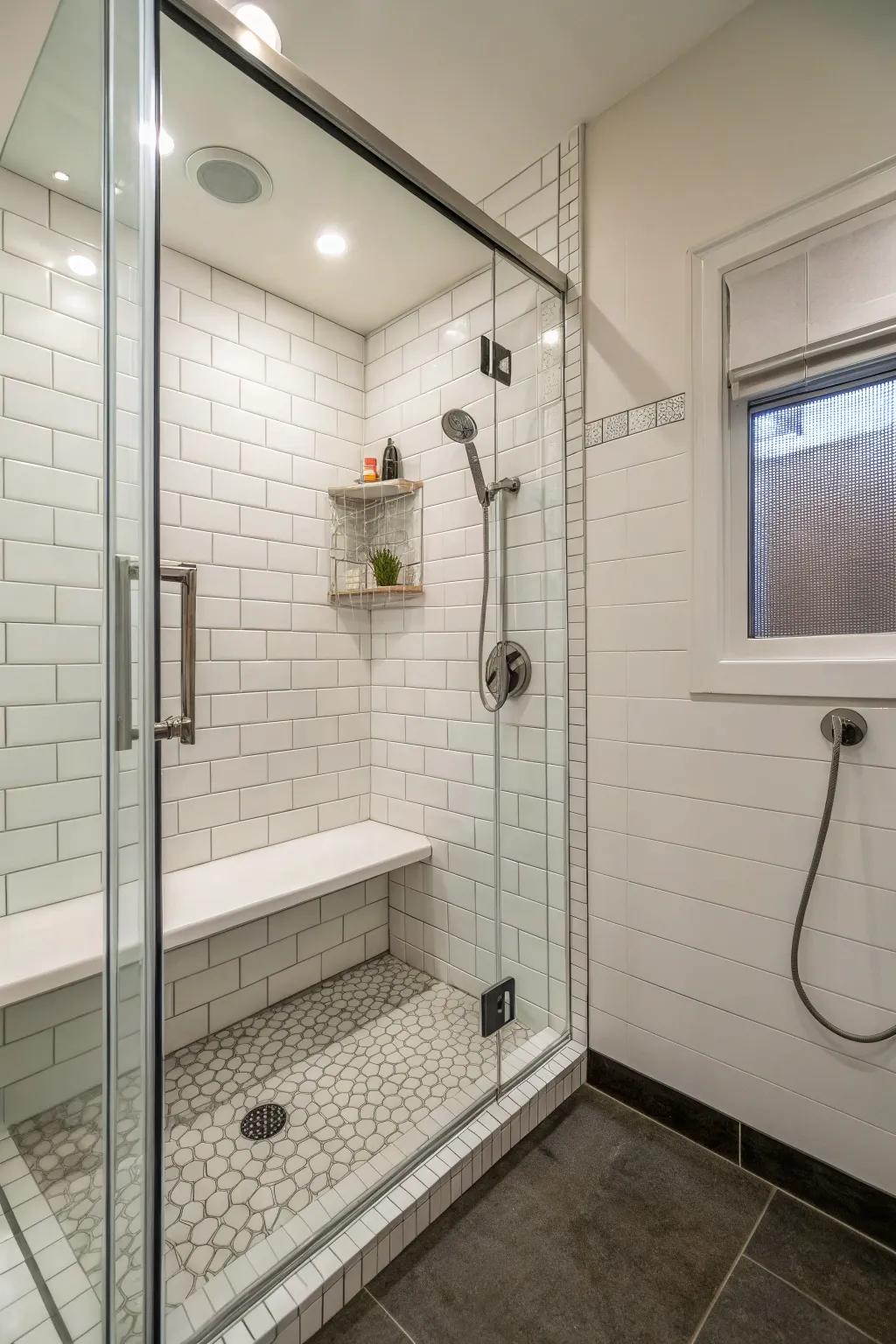 A shower equipped with a rainfall showerhead and a built-in seat.