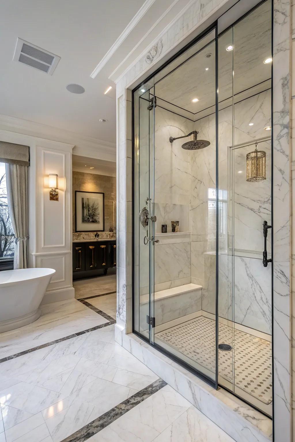 This elegant shower is enhanced with marble accents.