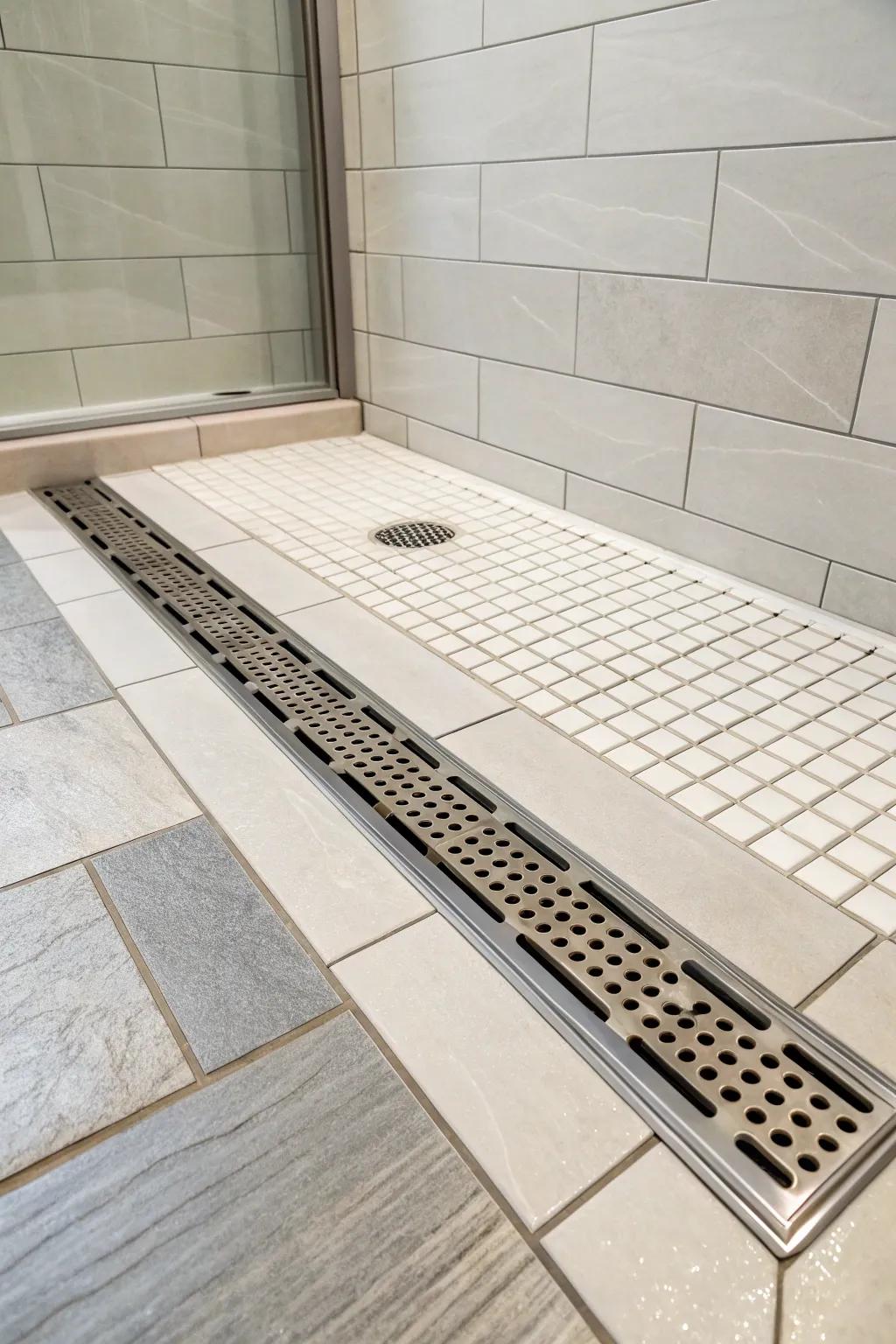 A sleek linear drain effortlessly integrated into a modern tiling design on the shower base.