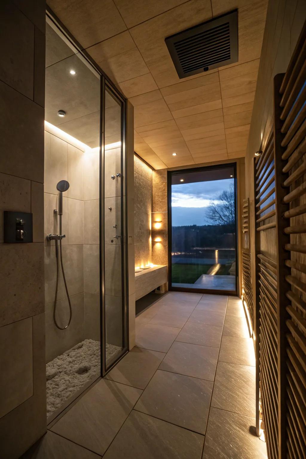 A shower room using vibe lighting to improve the ambiance.