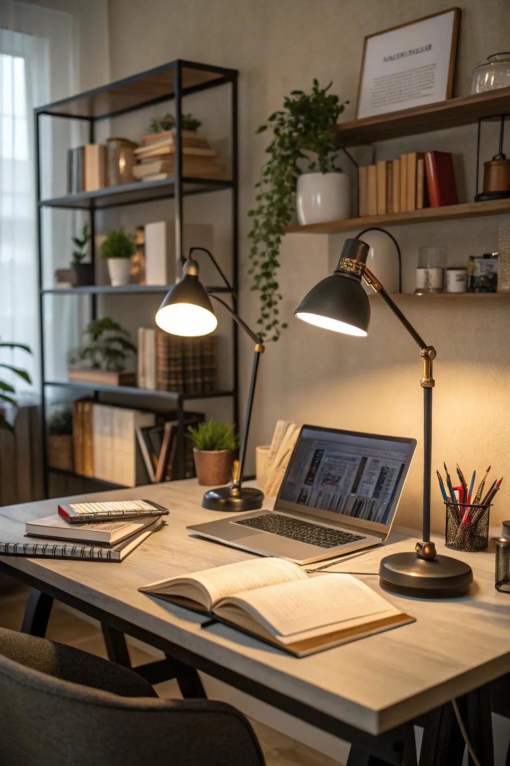 Desk lights assure a luminous and effective workspace.
