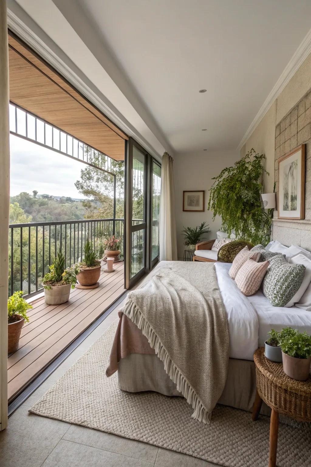 Consistent visual flow from the bedroom to the balcony.