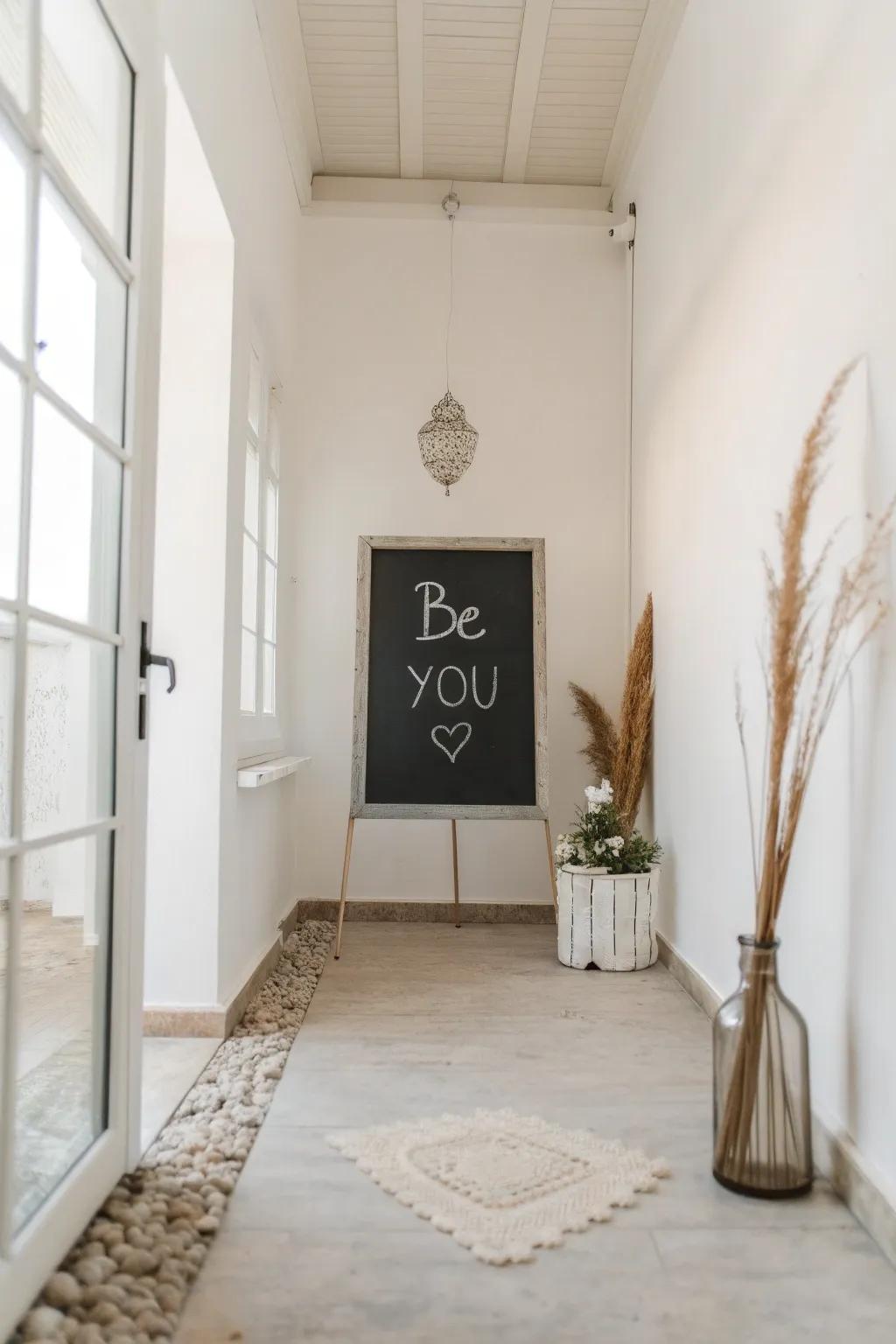 Minimalist room featuring the chalkboard quote 'Be you'.
