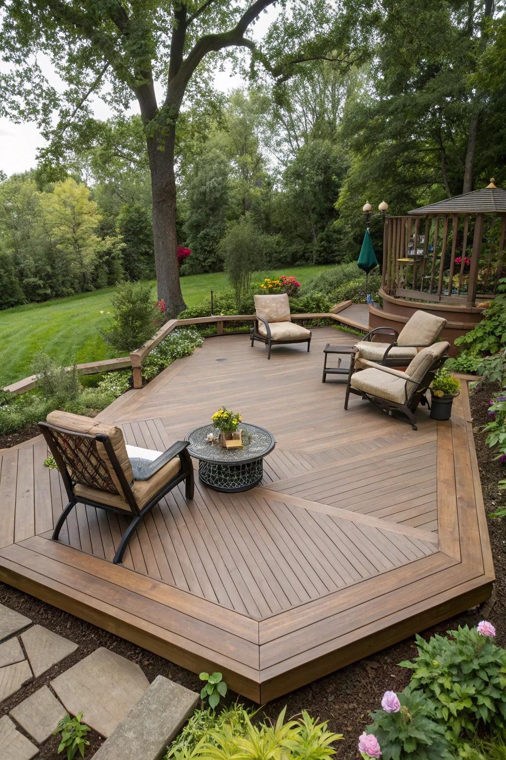An unusually shaped deck contributes architectural interest to your outdoor space.