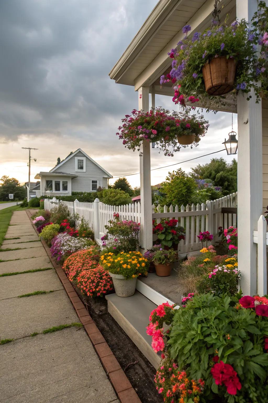 The integrated flower bed and portico construct a harmonious and inviting entryway.