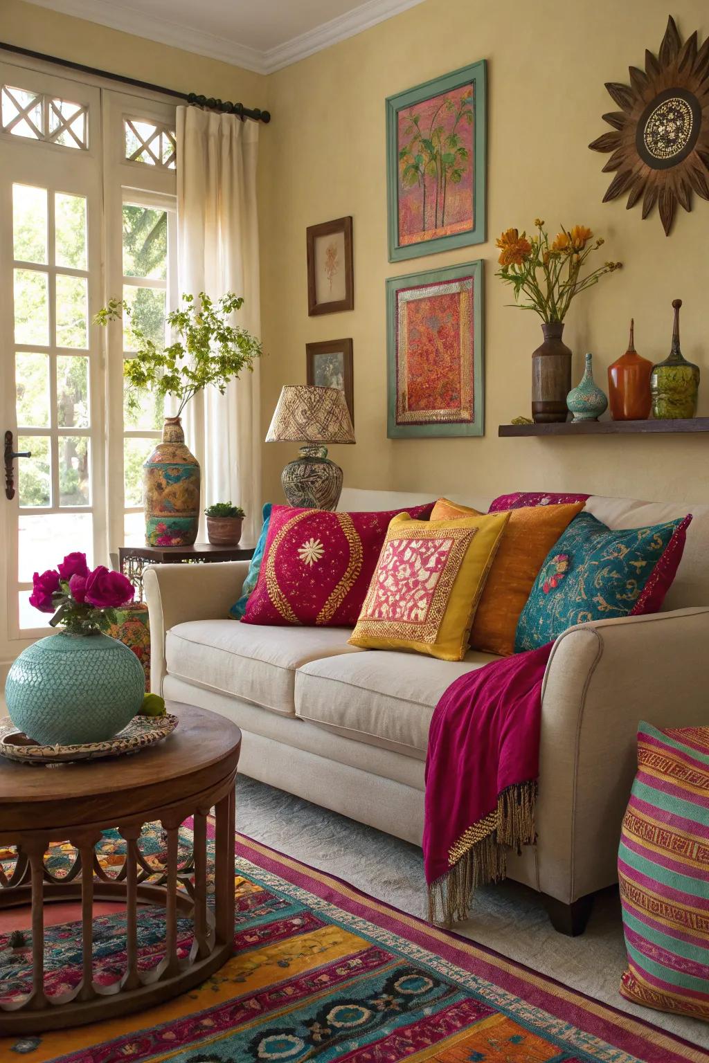 Unique colors add energy and interest to a neutral living space.