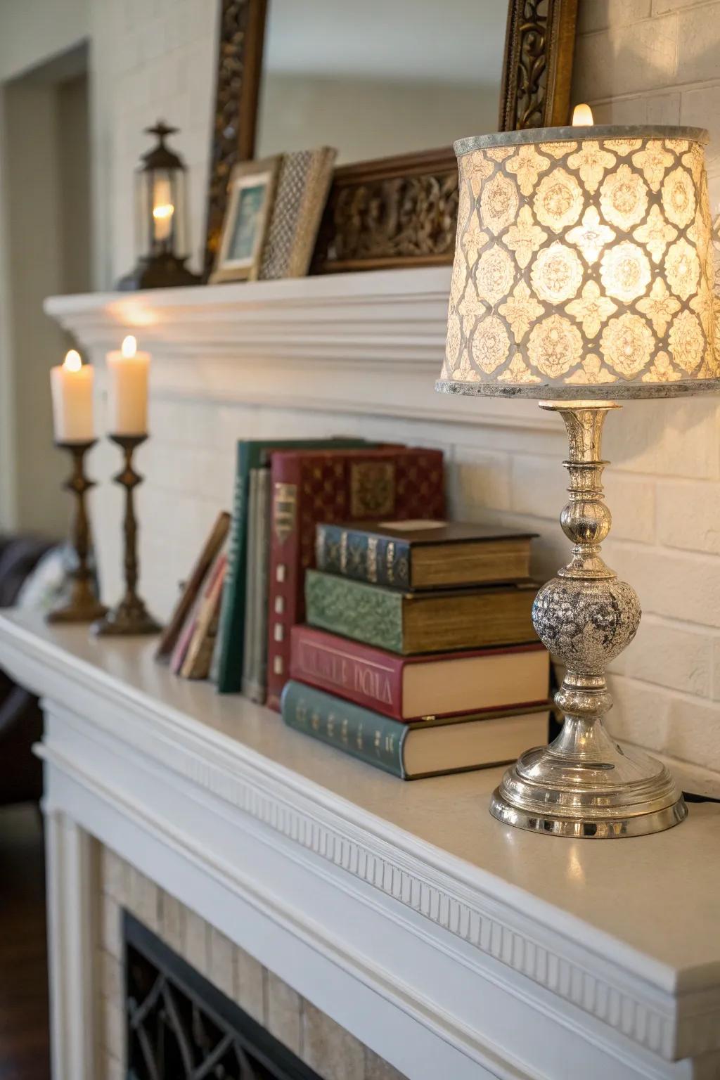 Practical decor components enhance both the design and utility of this mantel.