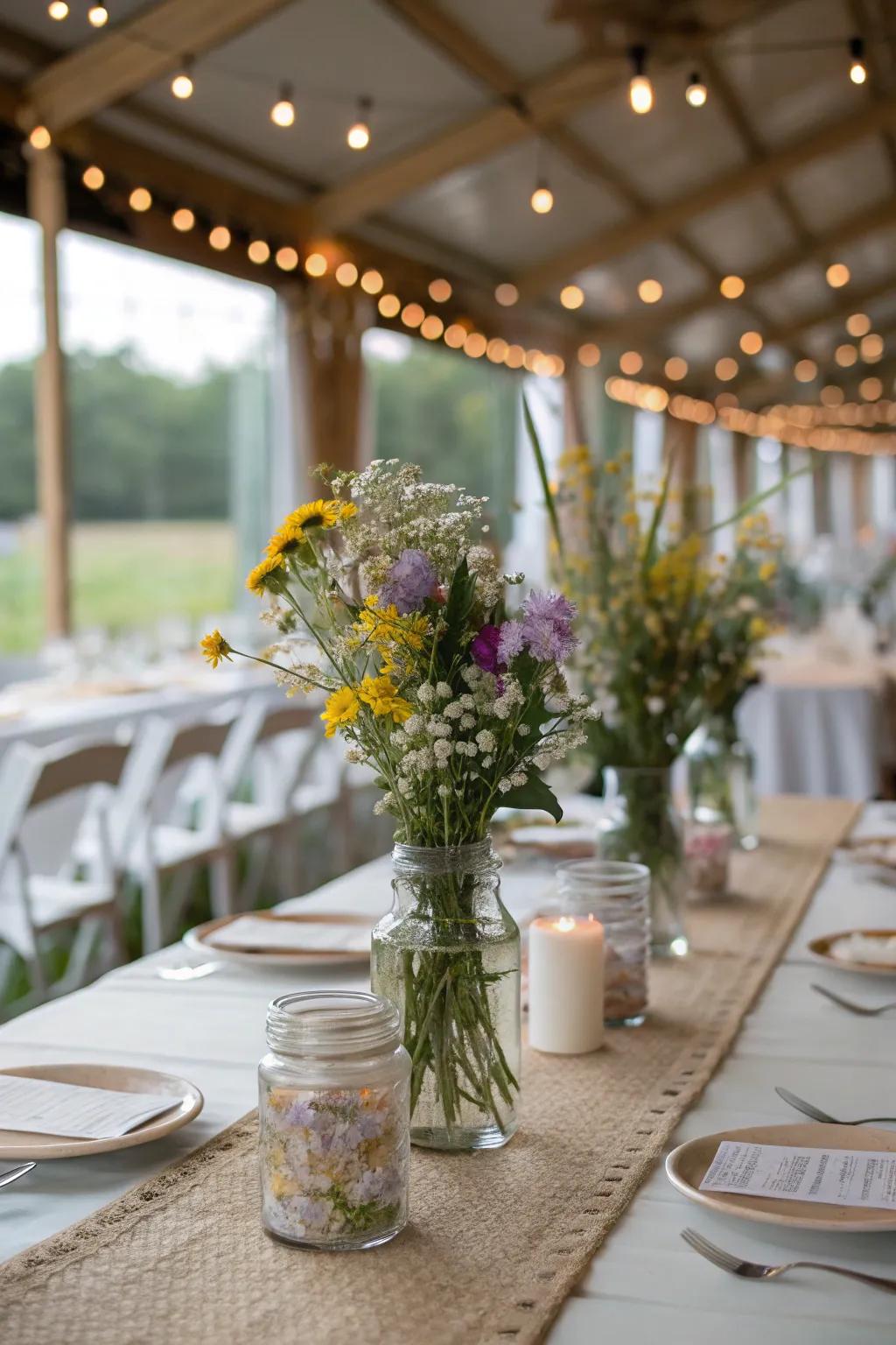 Classic jars filled with wildflowers create rustic charm.